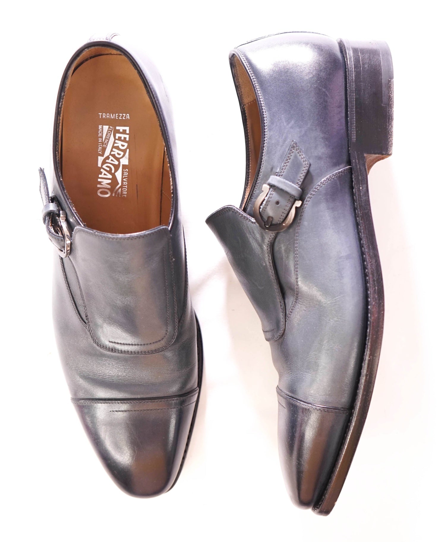 $1,595 FERRAGAMO - "TRAMEZZA" Leather Blue Single Monk - 9.5 D
