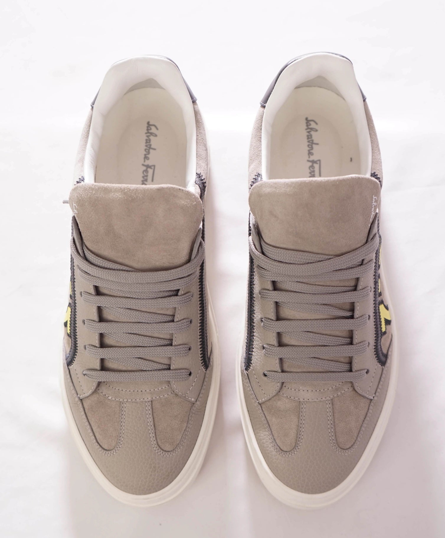 $795 FERRAGAMO - "BORG 5" Suede Gray/Yellow Sneakers - 8.5 M