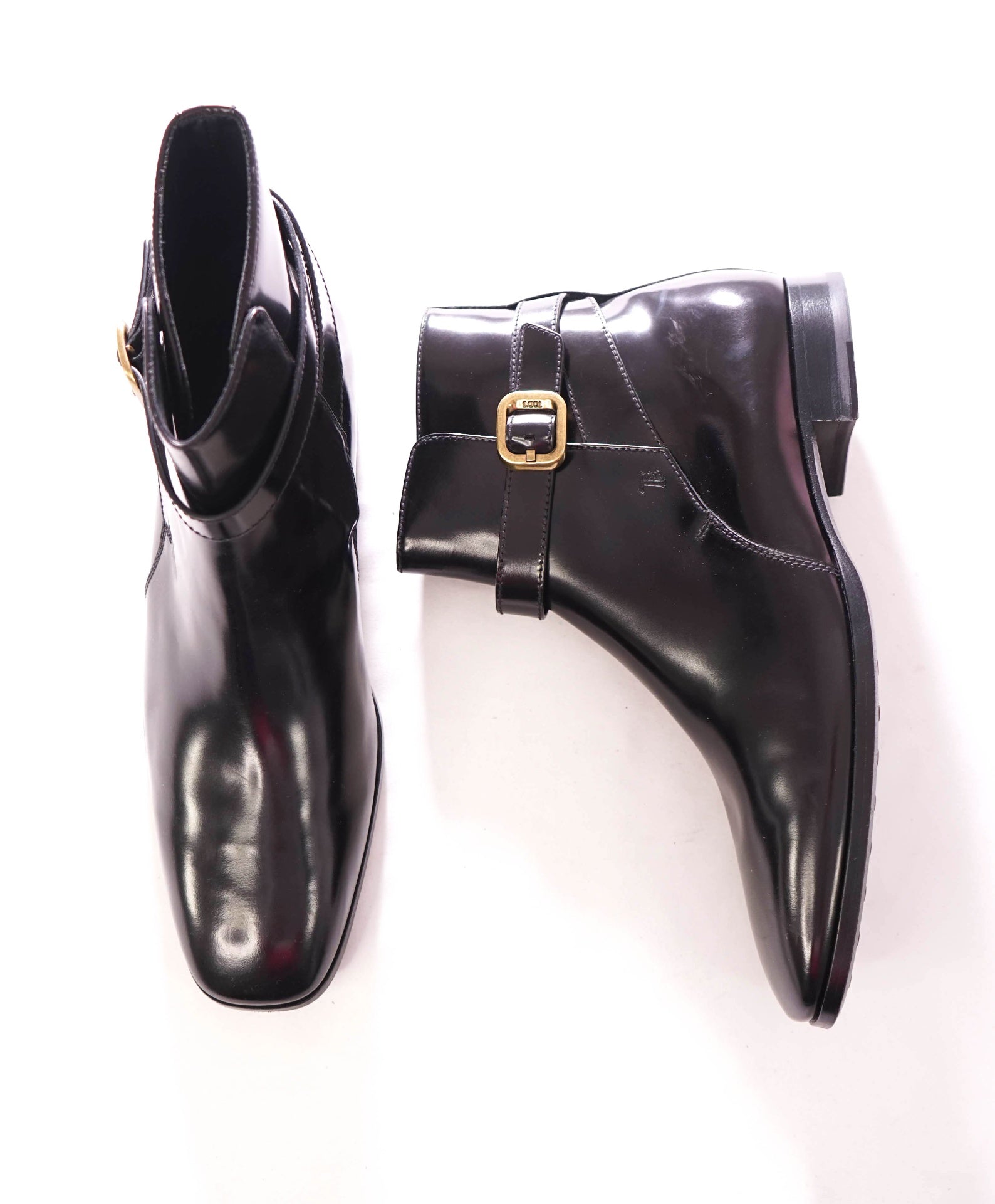 $1,195 TOD'S - Leather Black Gold Engraved Buckel Boots - US 10 (9UK)