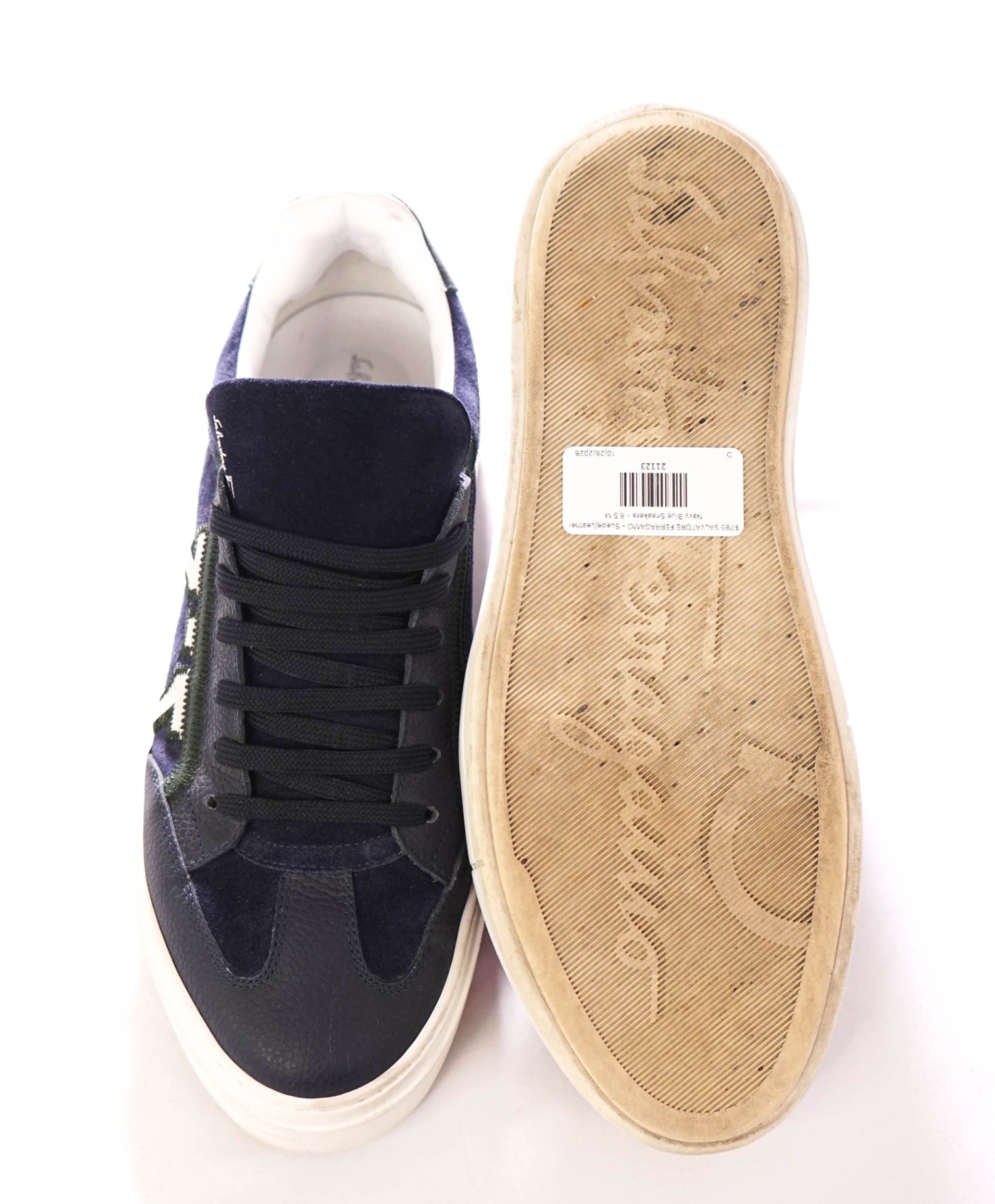 $795 FERRAGAMO - "BORG 5" Leather Blue & Green Sneakers - 8.5 M
