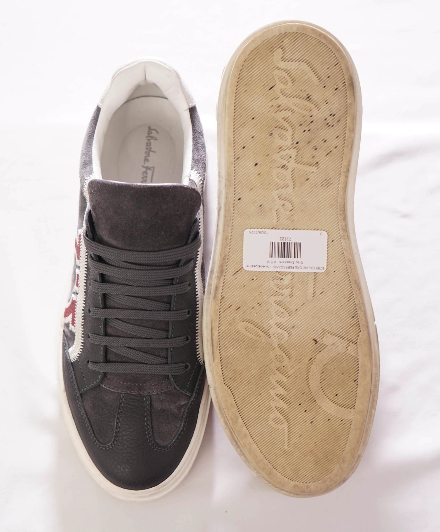 $795 FERRAGAMO - "BORG 5" Gray Leather Sneakers - 8.5 M