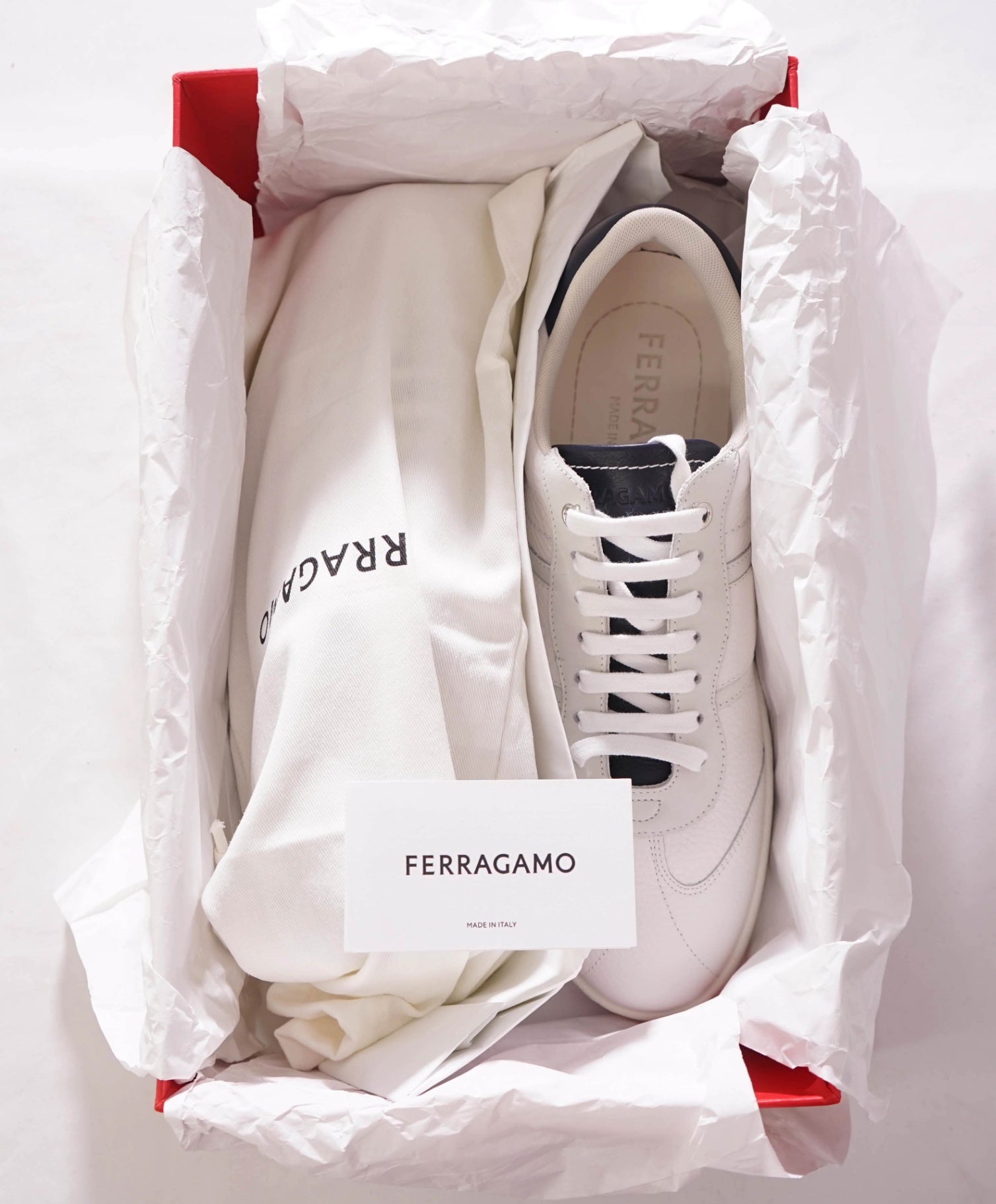 $780 FERRAGAMO - Leather White Pebble "ACHILLE" Sneakers - 9.5 M