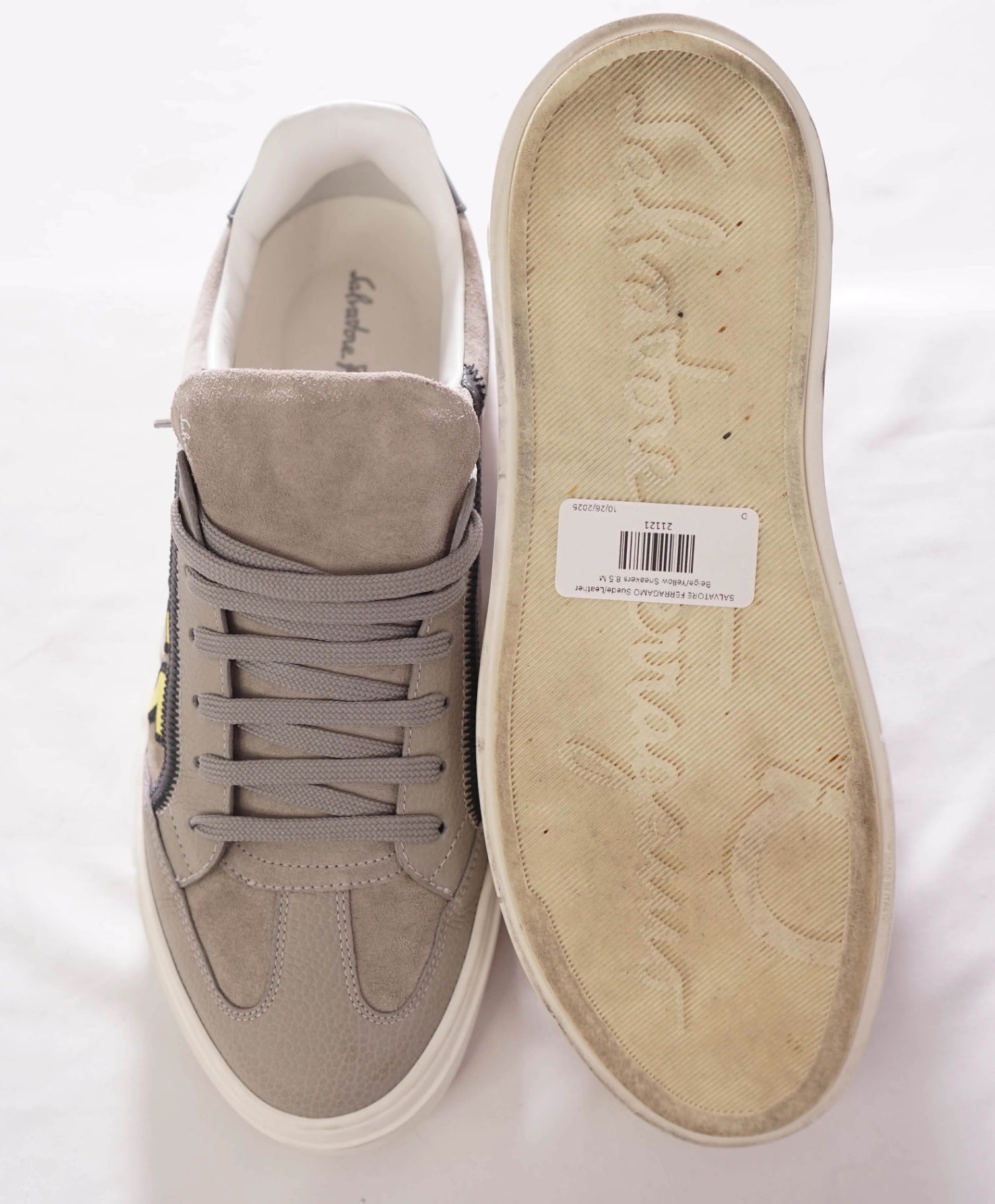 $795 FERRAGAMO - "BORG 5" Suede Gray/Yellow Sneakers - 8.5 M