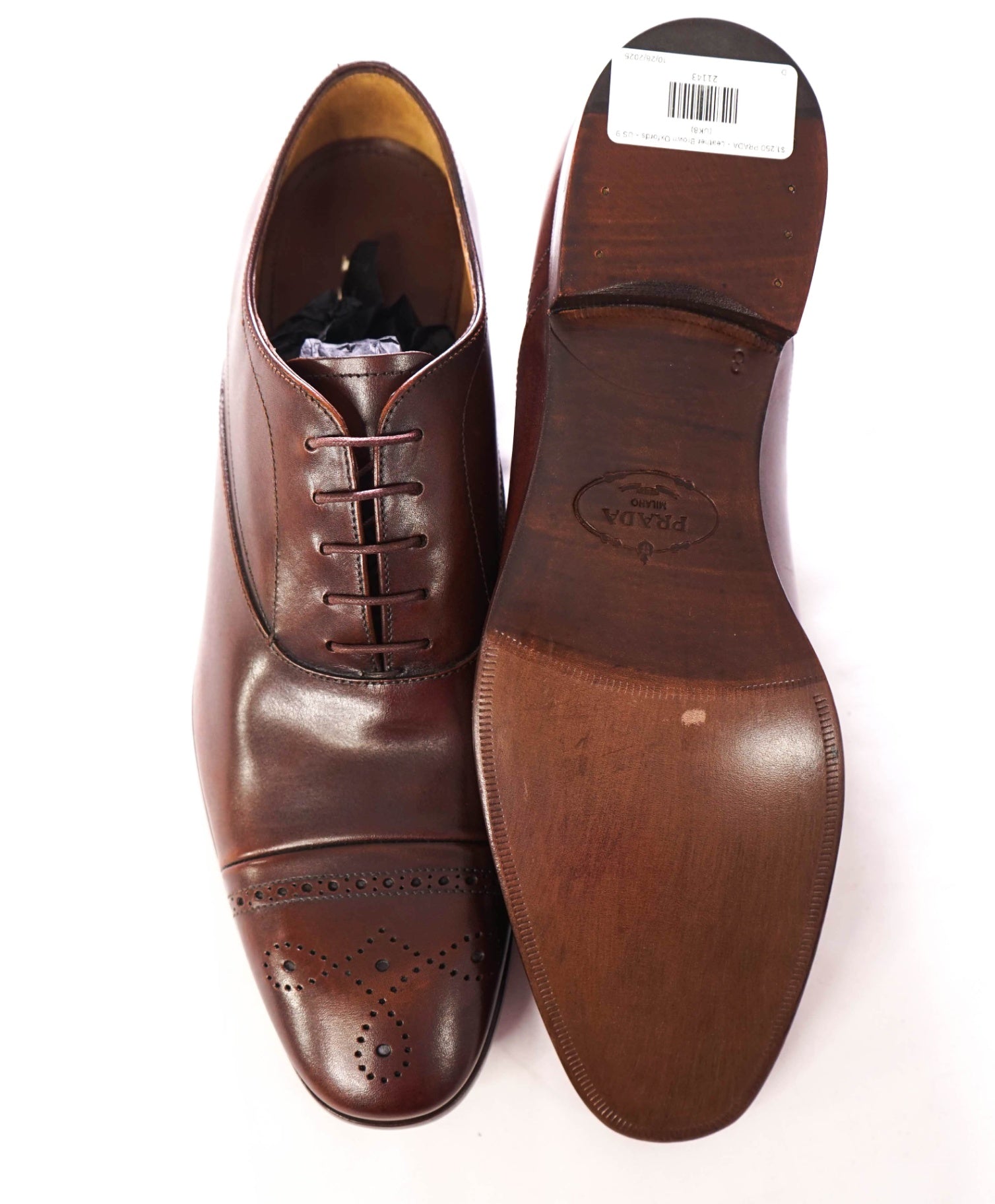 $1,250 PRADA - Leather Brogue Cap Toe Brown Oxfords - US 9 (UK8)