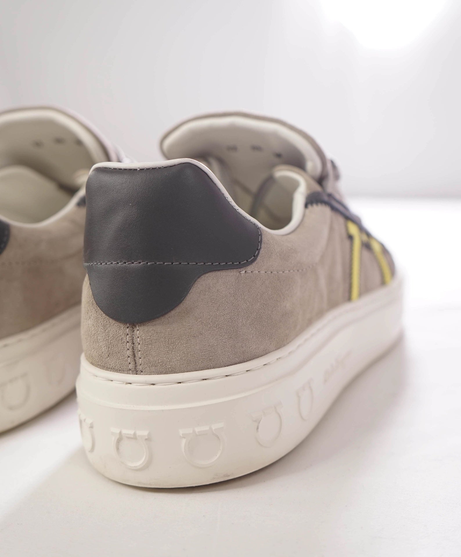 $795 FERRAGAMO - "BORG 5" Suede Gray/Yellow Sneakers - 8.5 M