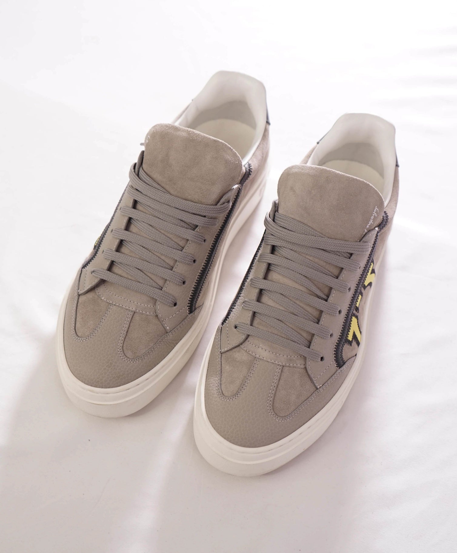 $795 FERRAGAMO - "BORG 5" Suede Gray/Yellow Sneakers - 8.5 M