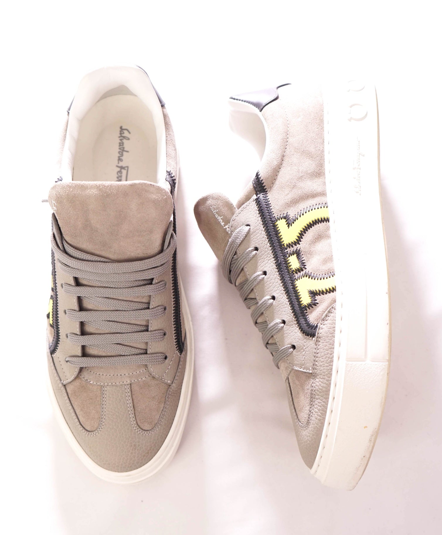 $795 FERRAGAMO - "BORG 5" Suede Gray/Yellow Sneakers - 8.5 M