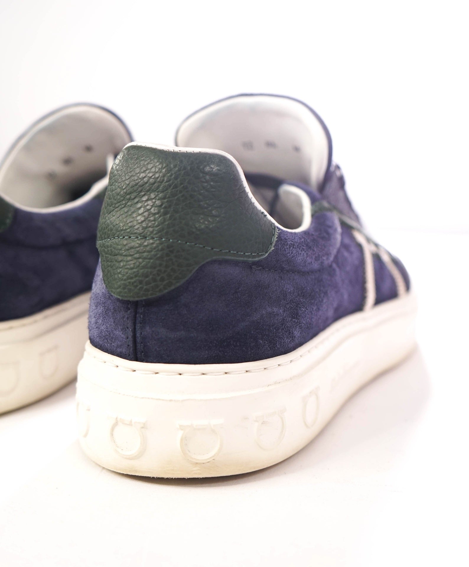 $795 FERRAGAMO - "BORG 5" Leather Blue & Green Sneakers - 8.5 M