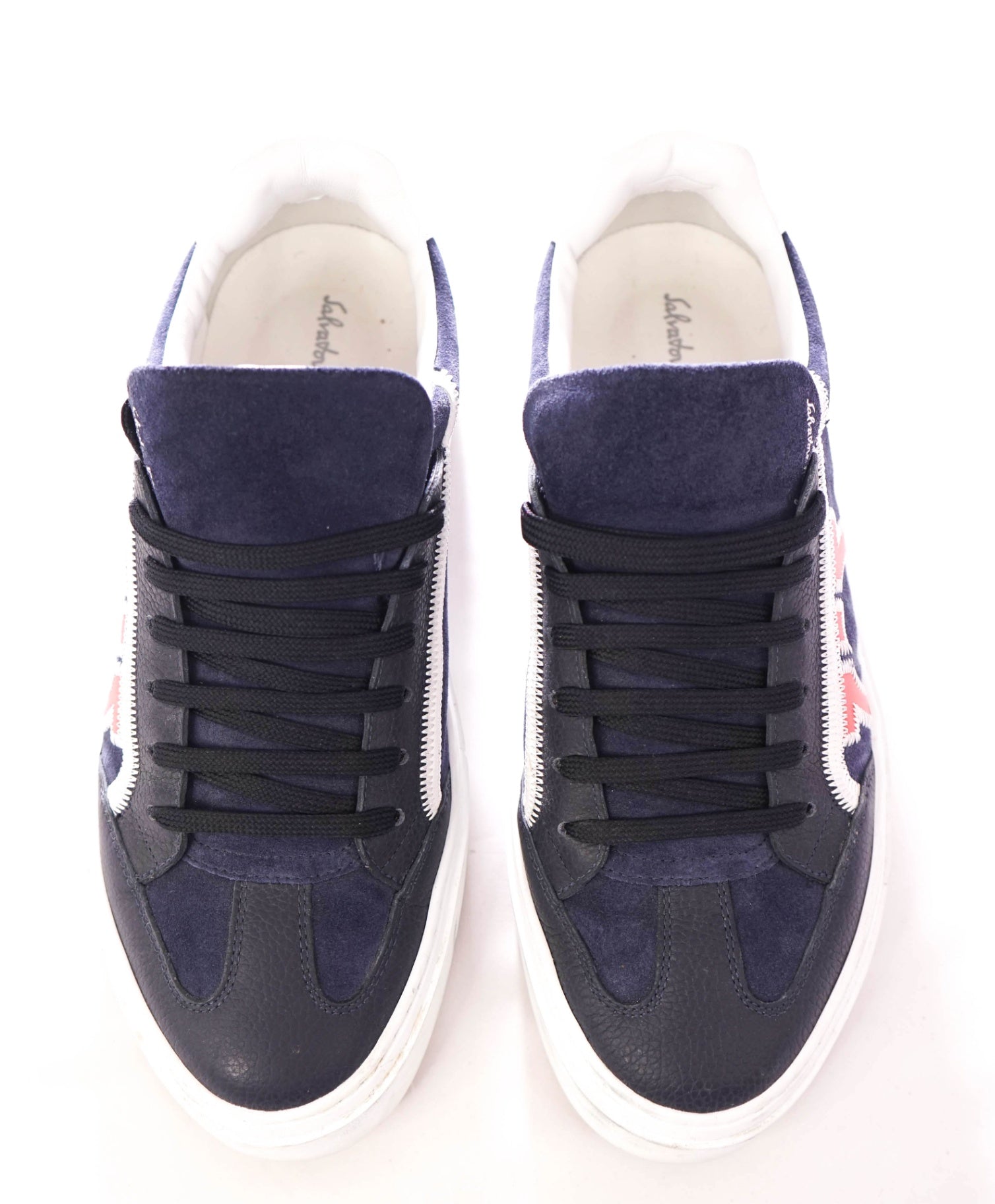 $795 FERRAGAMO - "BORG 5" Leather Navy Sneakers - 8.5 M