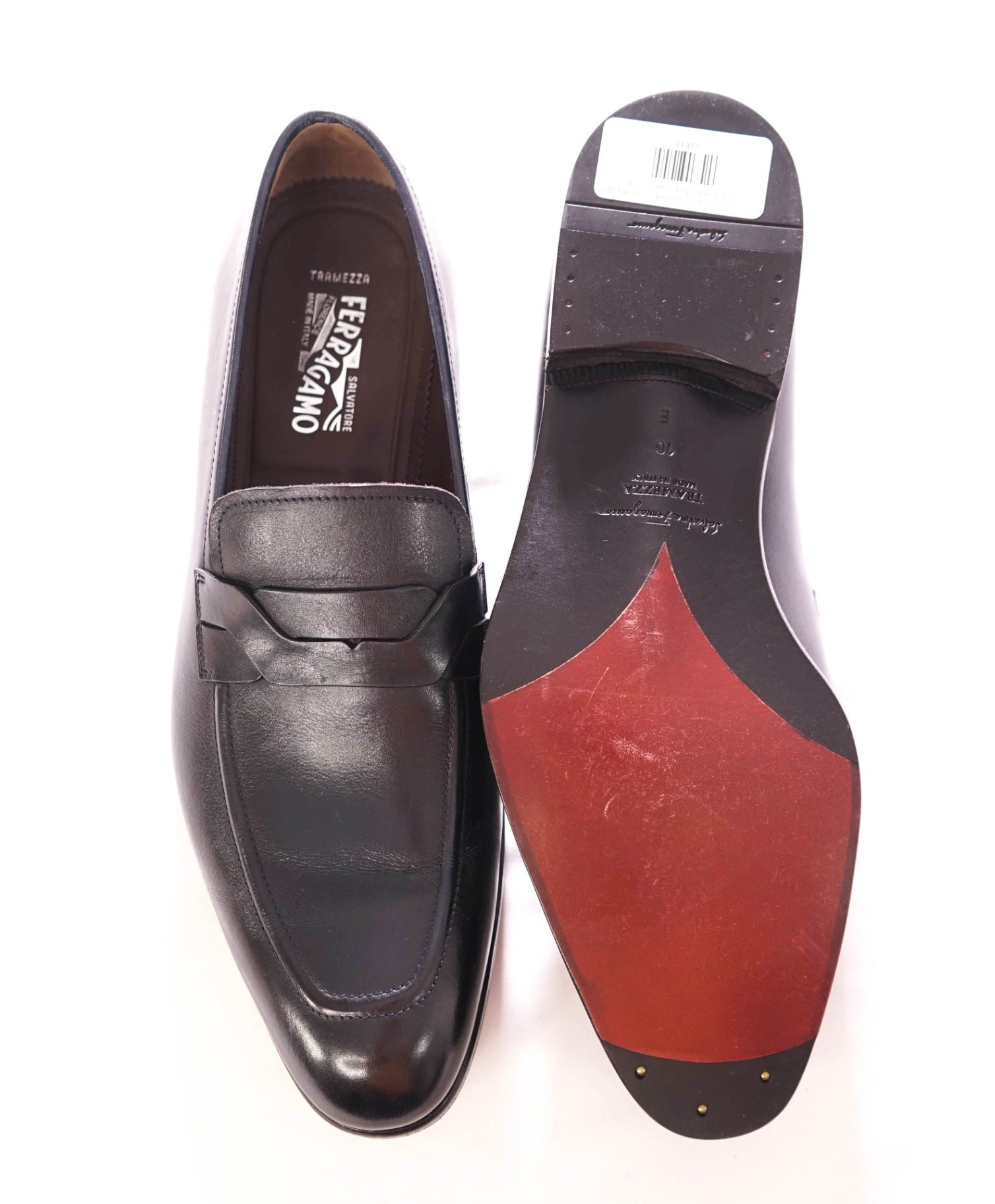 $1,595 FERRAGAMO - "BACKER TRAMEZZA" Leather Navy Loafers - 10 E