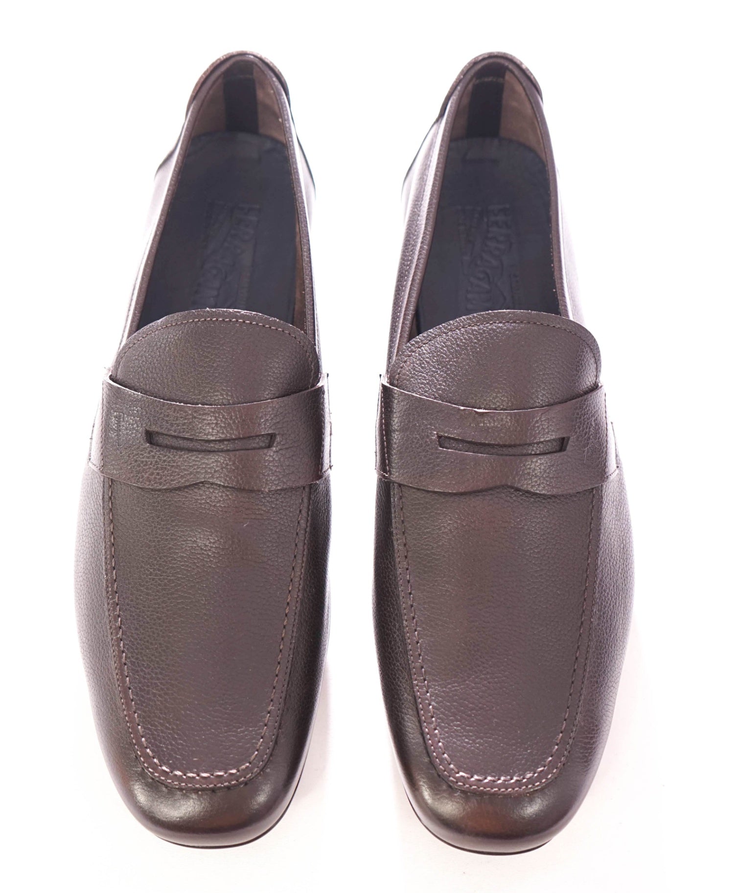$795 FERRAGAMO - Leather Brown Logo Engraved Penny Loafers - 12 D