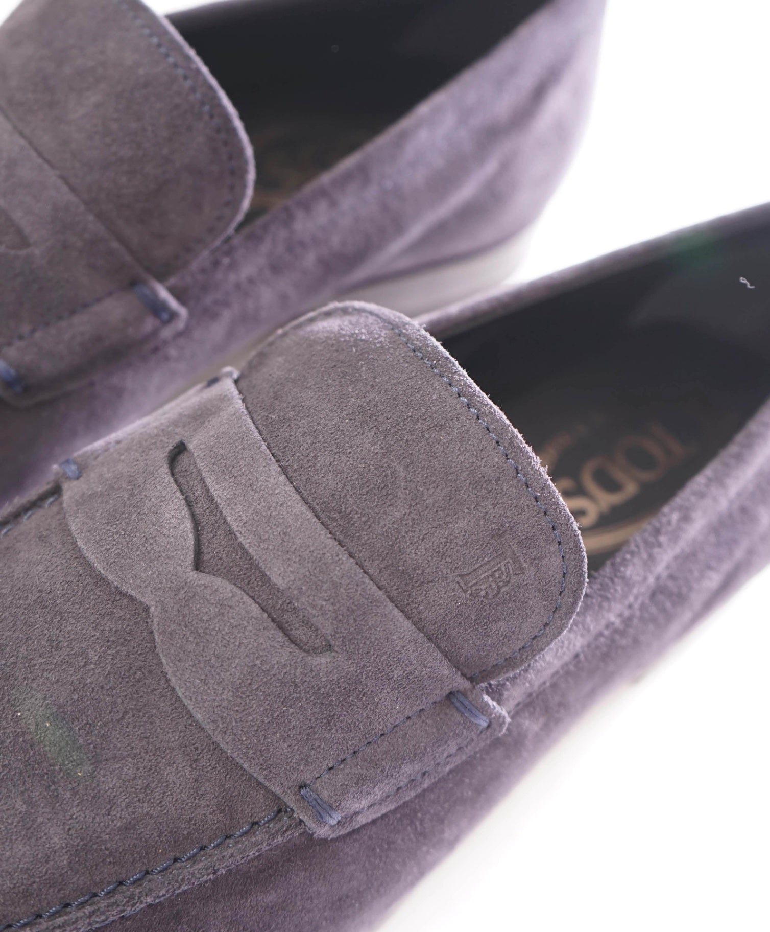 $775 TOD'S - Navy Suede Penny Loafer Leather LOGO Vamp - US 9 (UK8)