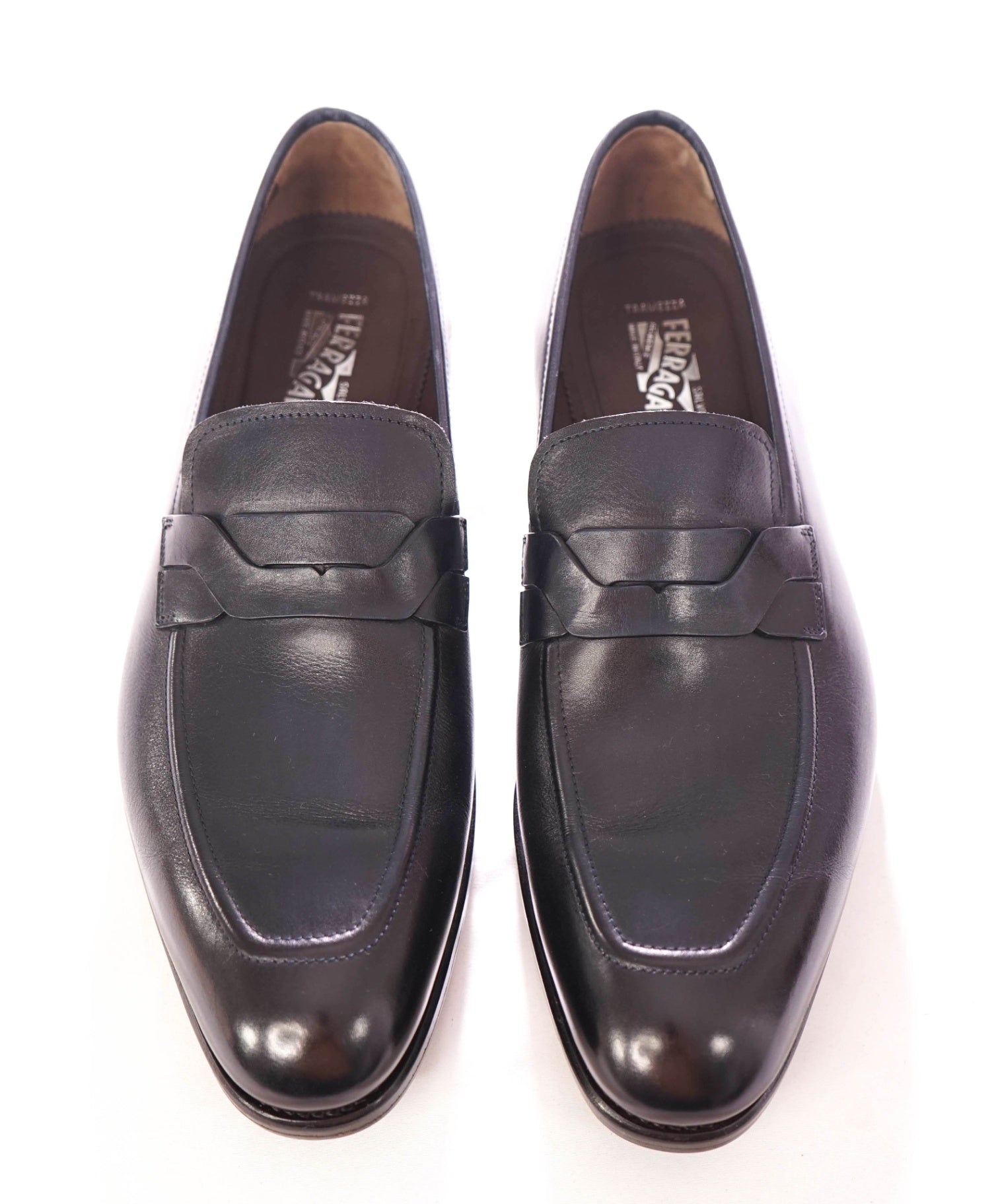$1,595 FERRAGAMO - "BACKER TRAMEZZA" Leather Navy Loafers - 10 E