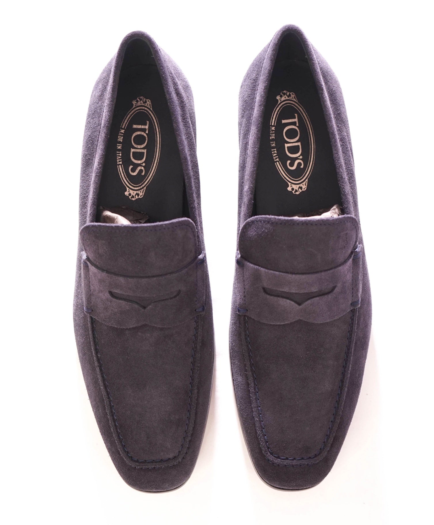 $775 TOD'S - Navy Suede Penny Loafer Leather LOGO Vamp - US 9 (UK8)