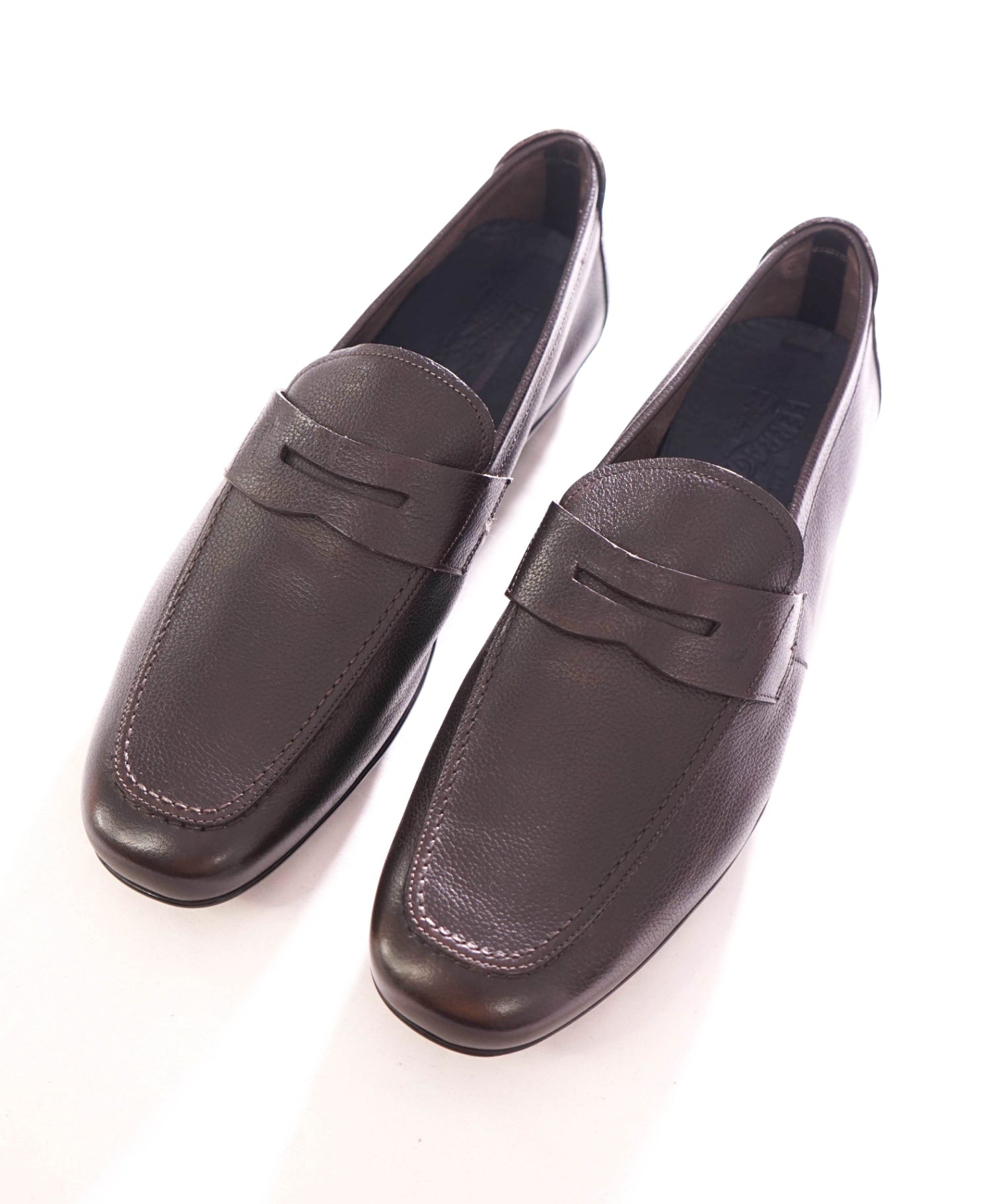 $795 FERRAGAMO - Leather Brown Logo Engraved Penny Loafers - 12 D