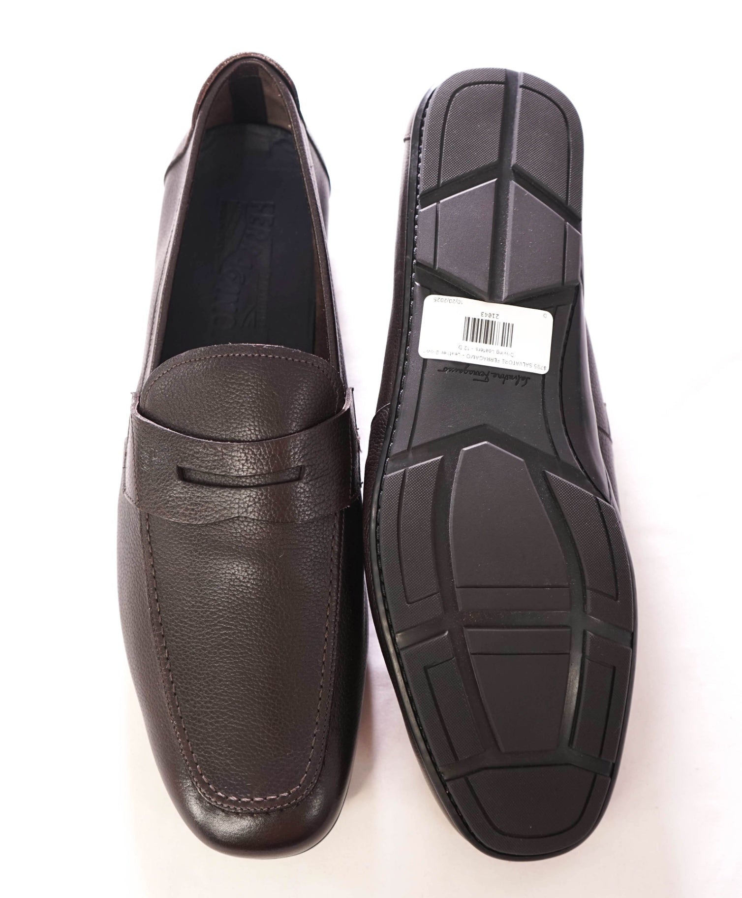 $795 FERRAGAMO - Leather Brown Logo Engraved Penny Loafers - 12 D