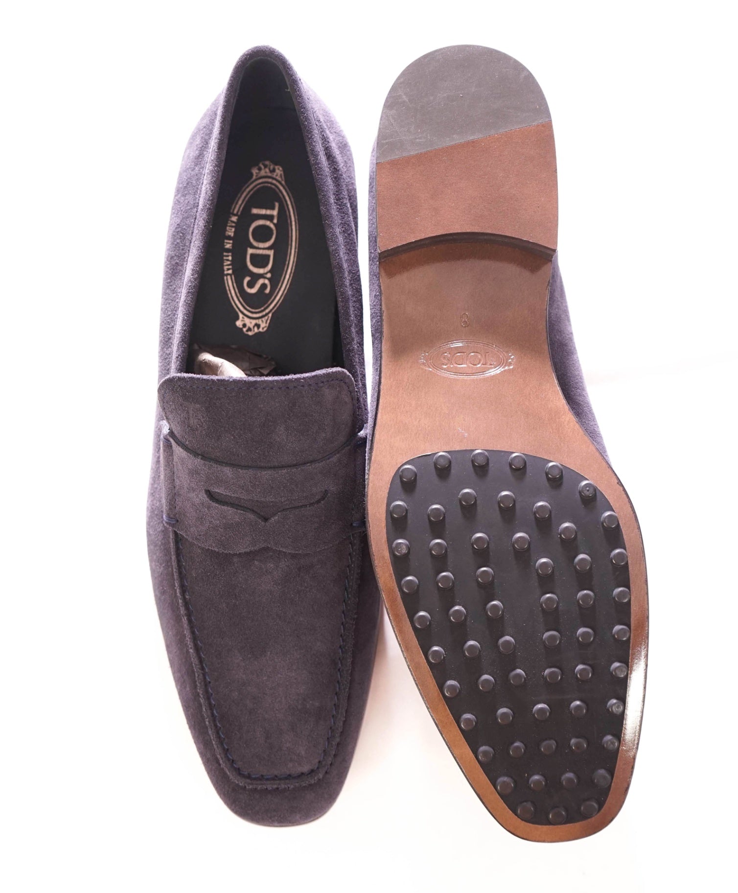 $775 TOD'S - Navy Suede Penny Loafer Leather LOGO Vamp - US 9 (UK8)