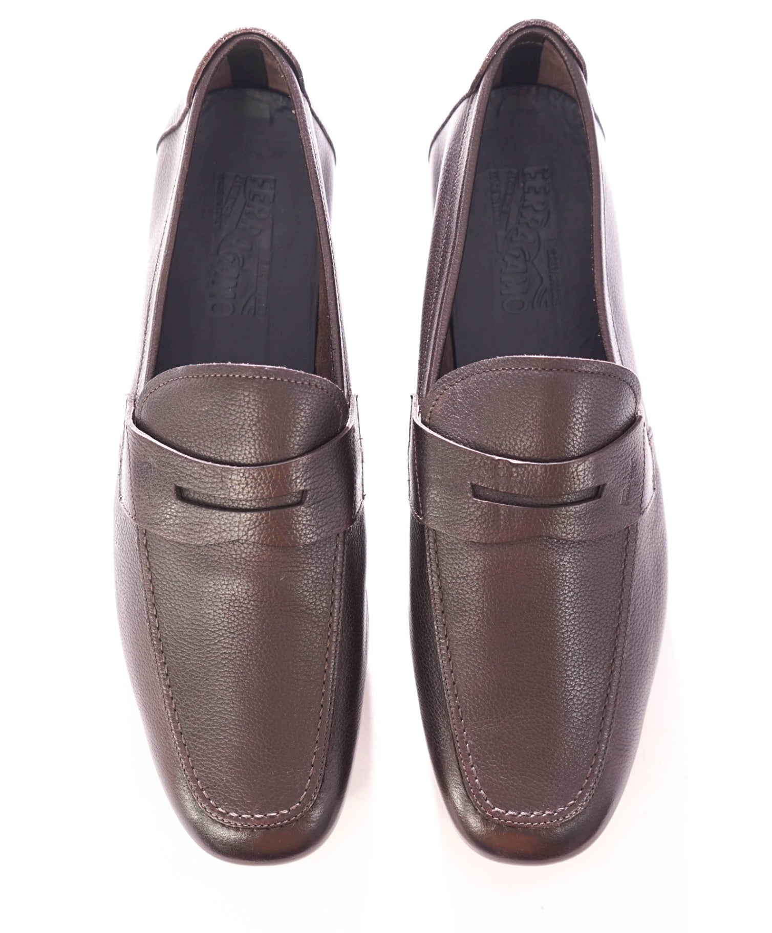 $795 FERRAGAMO - Leather Brown Logo Engraved Penny Loafers - 12 D