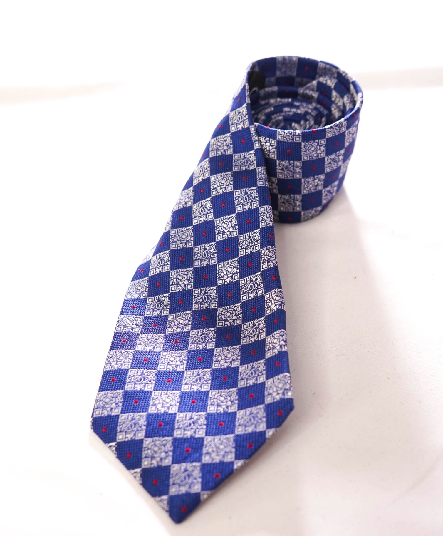 $425 CHANEL - Silk Blue/Silver Check Logo - 3.25" Tie