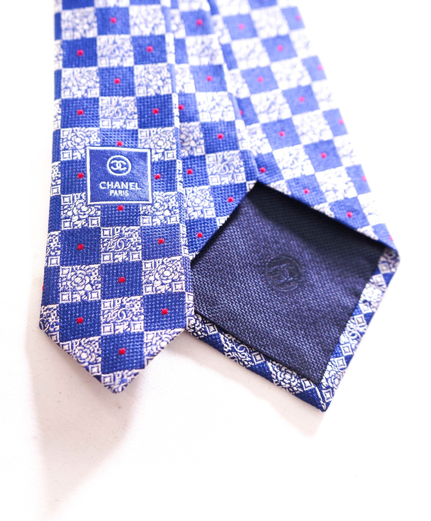 $425 CHANEL - Silk Blue/Silver Check Logo - 3.25" Tie