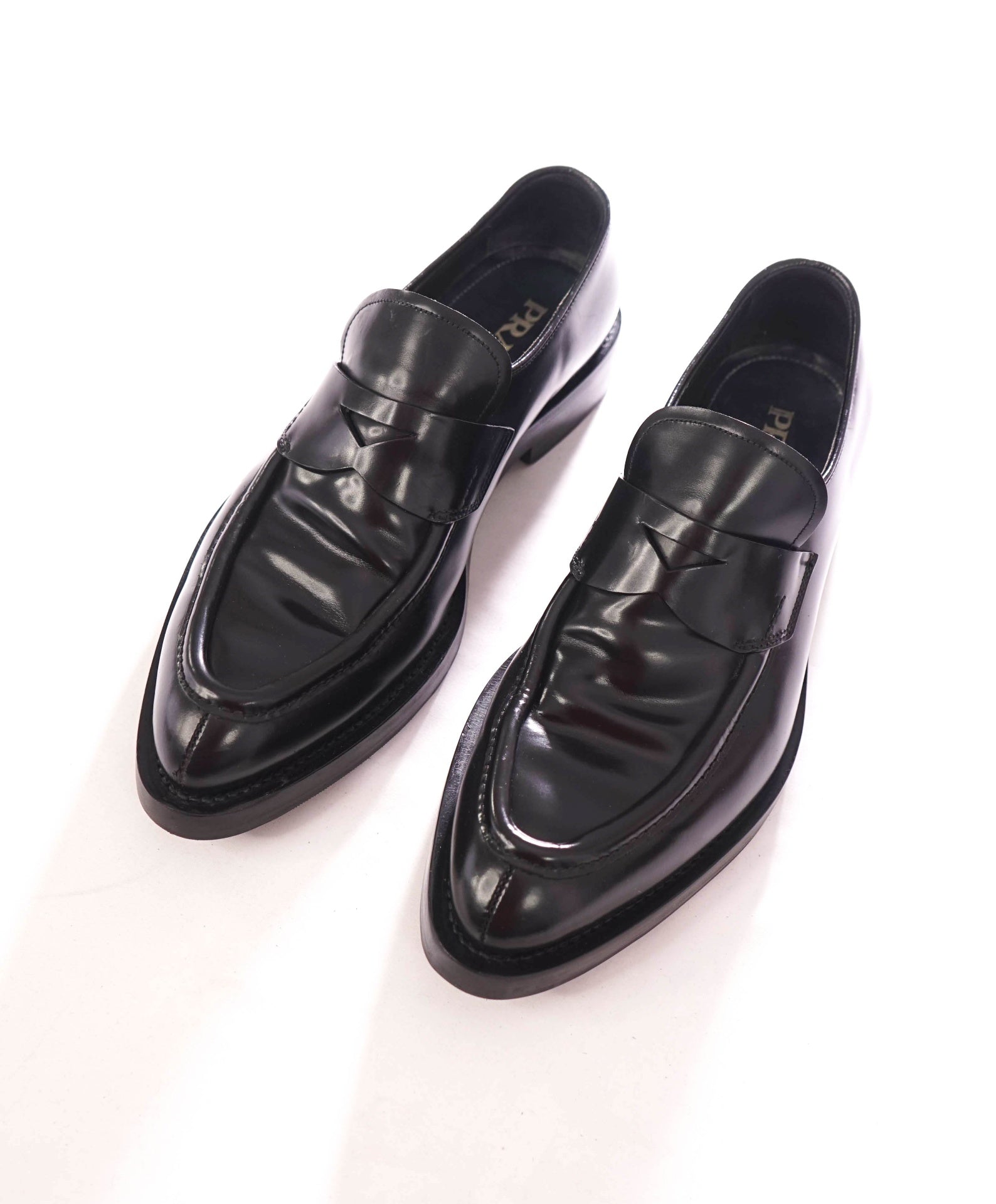 $950 PRADA - Leather Black "Spazzolatto" Penny Loafers - US 8.5 (UK7.5)