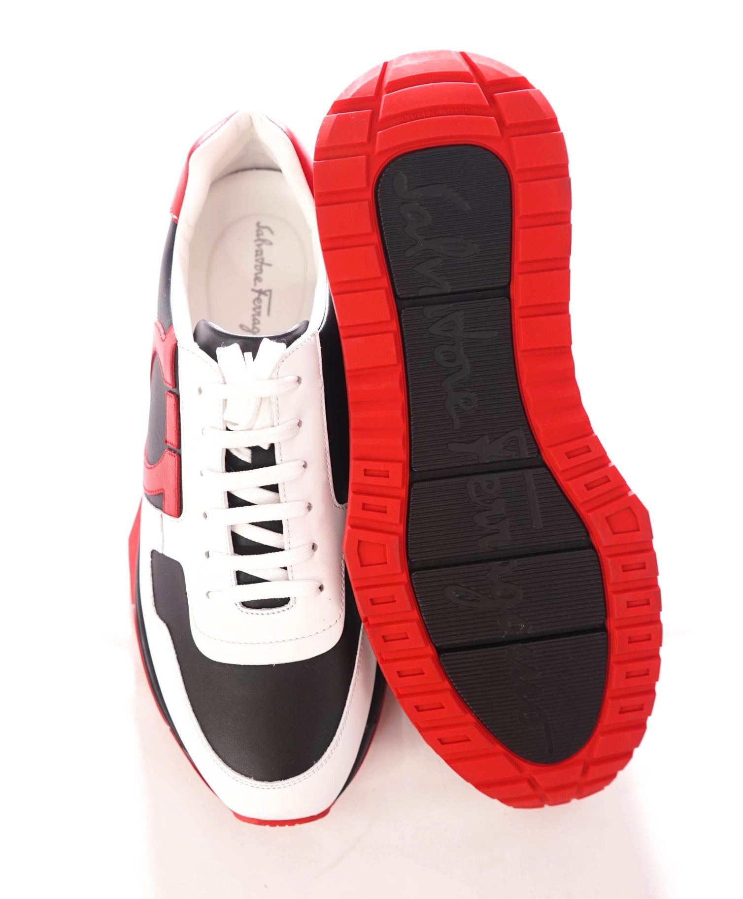 $950 FERRAGAMO - Leather Black/Red "Brooklyn" Sneakers - 9 M