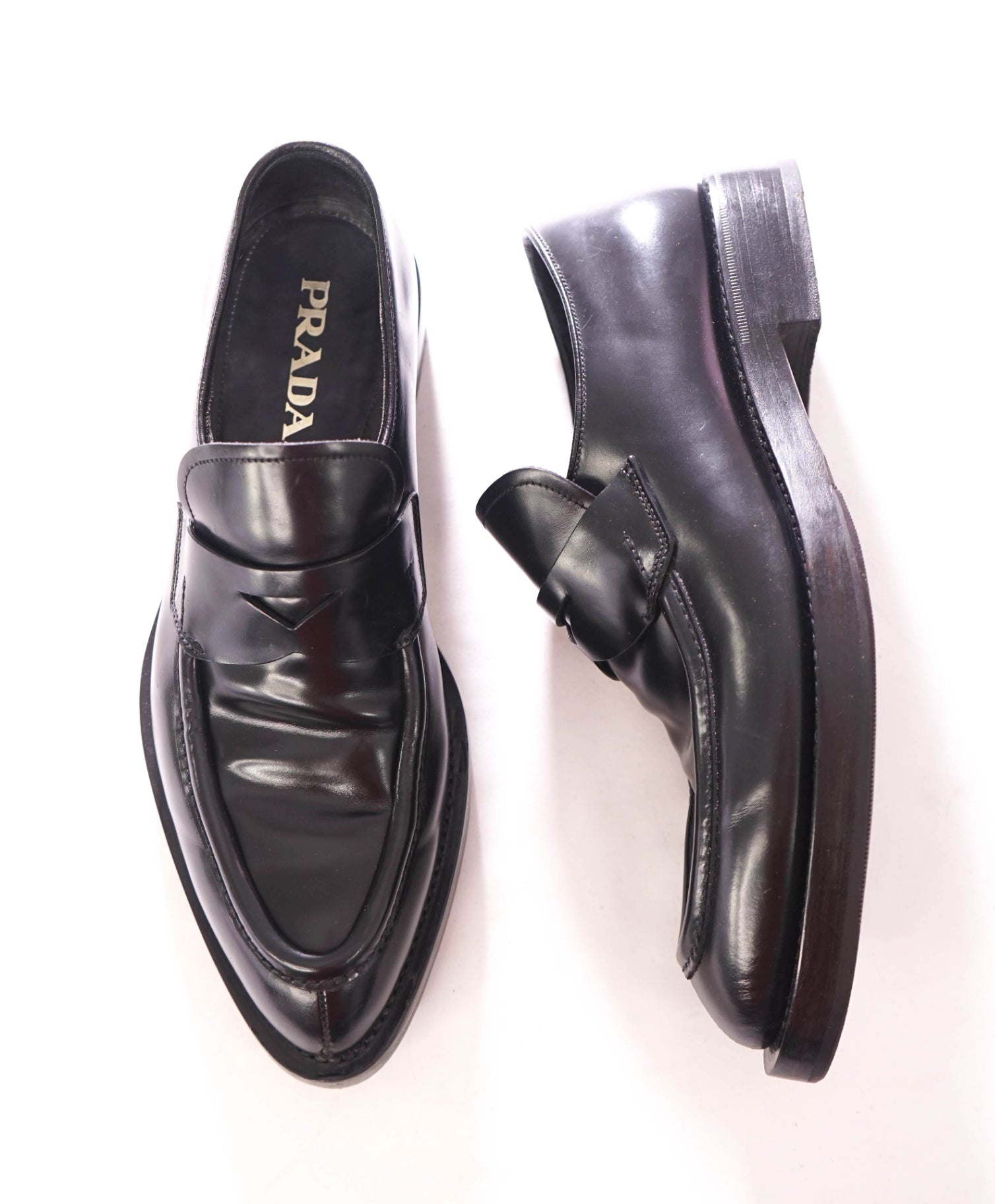 $950 PRADA - Leather Black "Spazzolatto" Penny Loafers - US 8.5 (UK7.5)