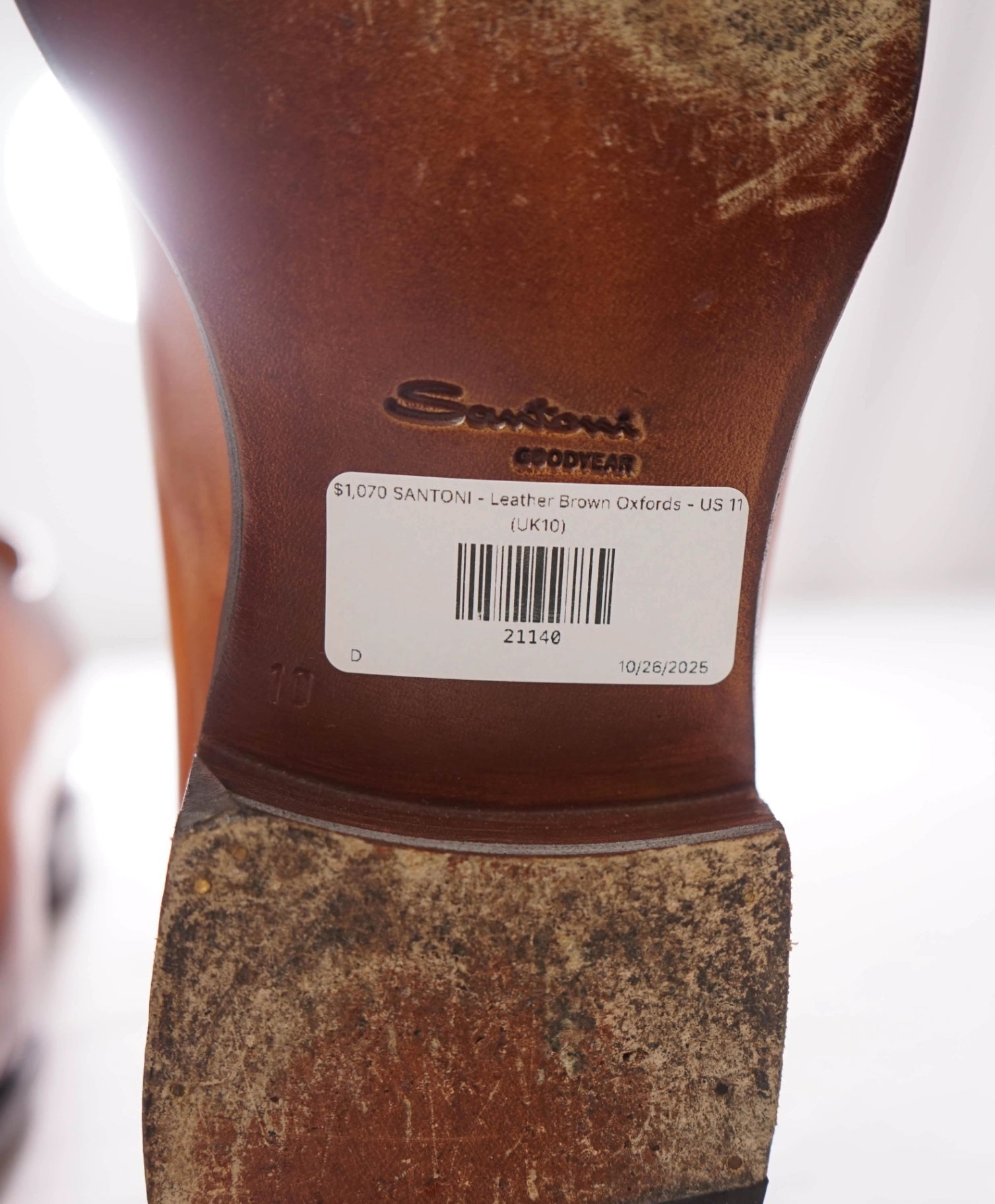 $1,595 SANTONI - Custom 1of1 Leather Brown Oxfords - US 11 (UK10)