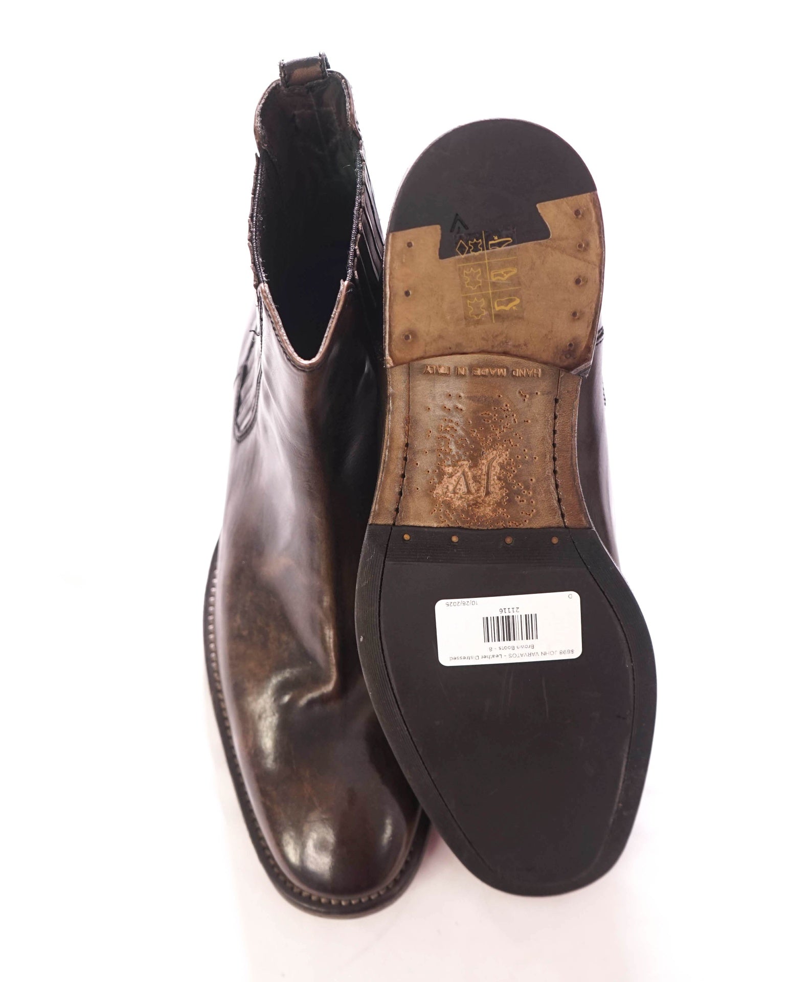 $898 JOHN VARVATOS - Leather Distressed Brown Boots - 8
