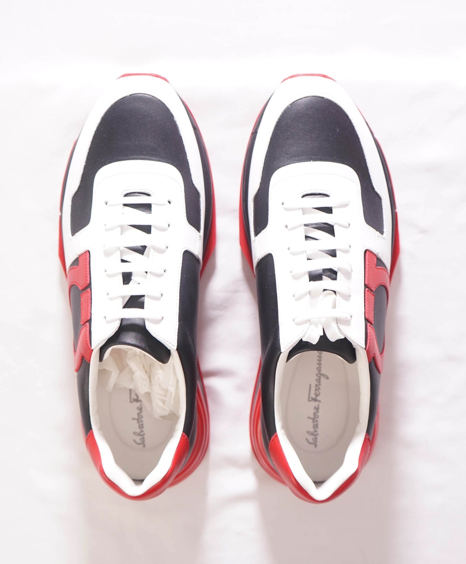 $950 FERRAGAMO - Leather Black/Red "Brooklyn" Sneakers - 9 M