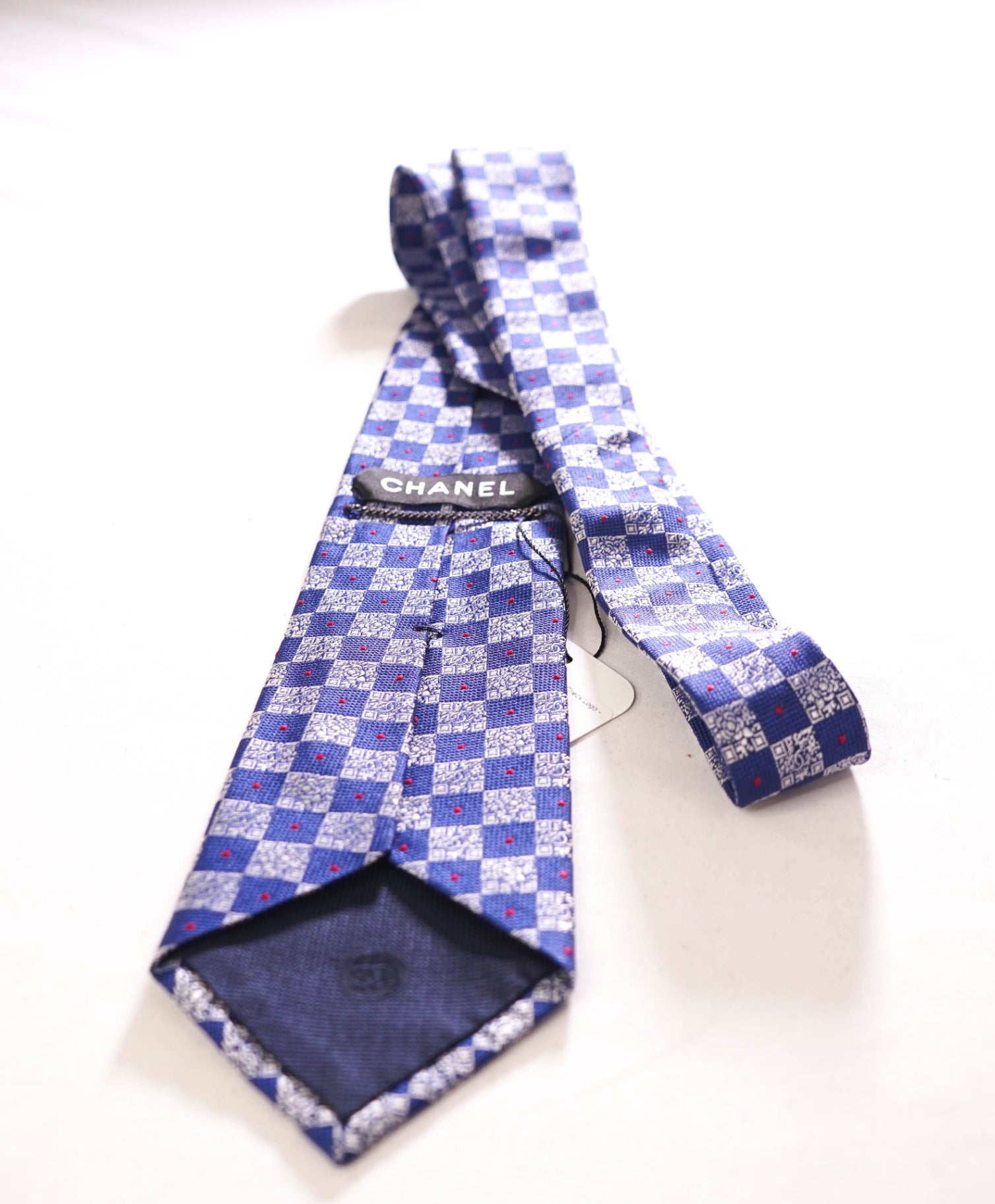 $425 CHANEL - Silk Blue/Silver Check Logo - 3.25" Tie
