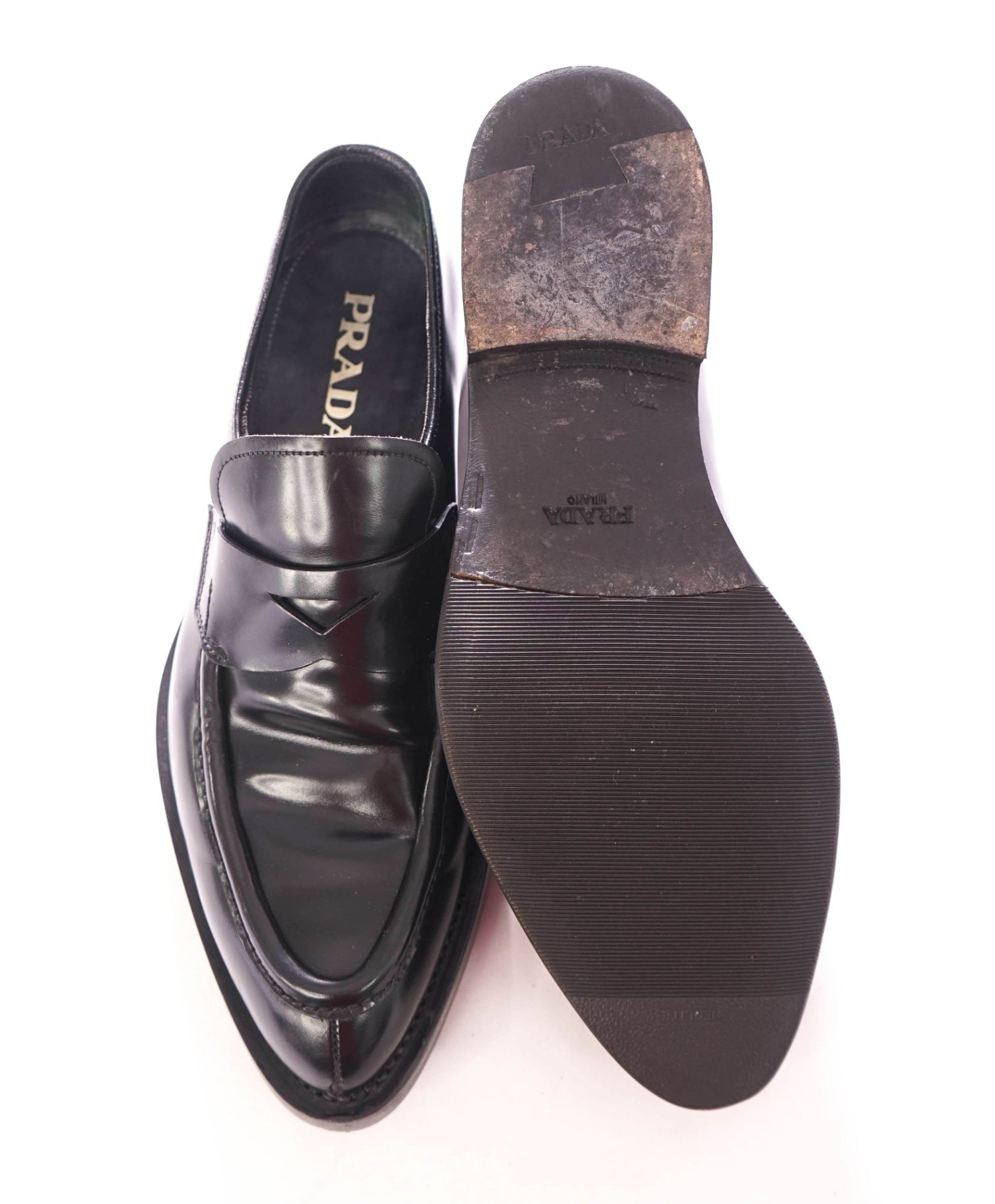 $950 PRADA - Leather Black "Spazzolatto" Penny Loafers - US 8.5 (UK7.5)