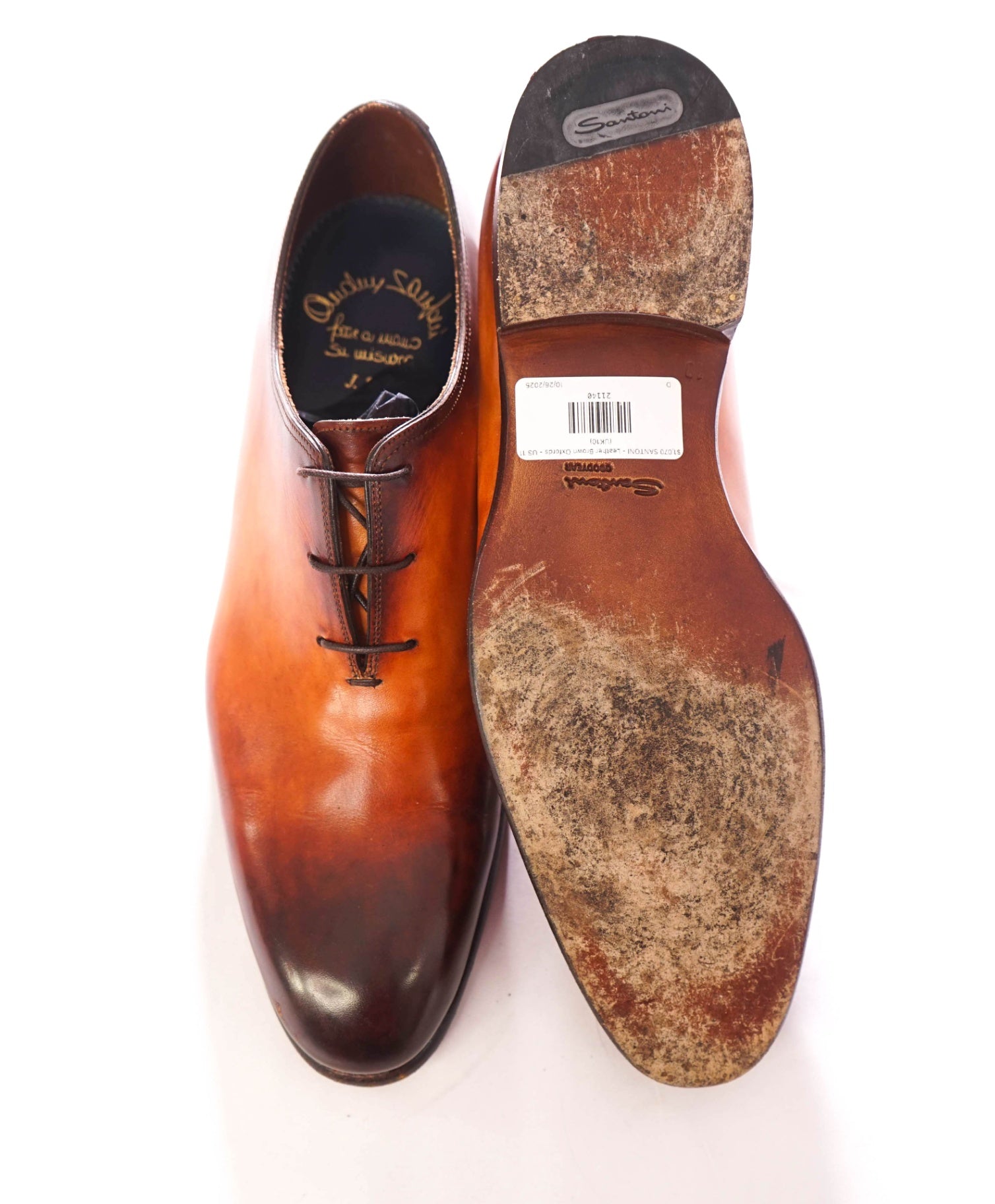 $1,595 SANTONI - Custom 1of1 Leather Brown Oxfords - US 11 (UK10)
