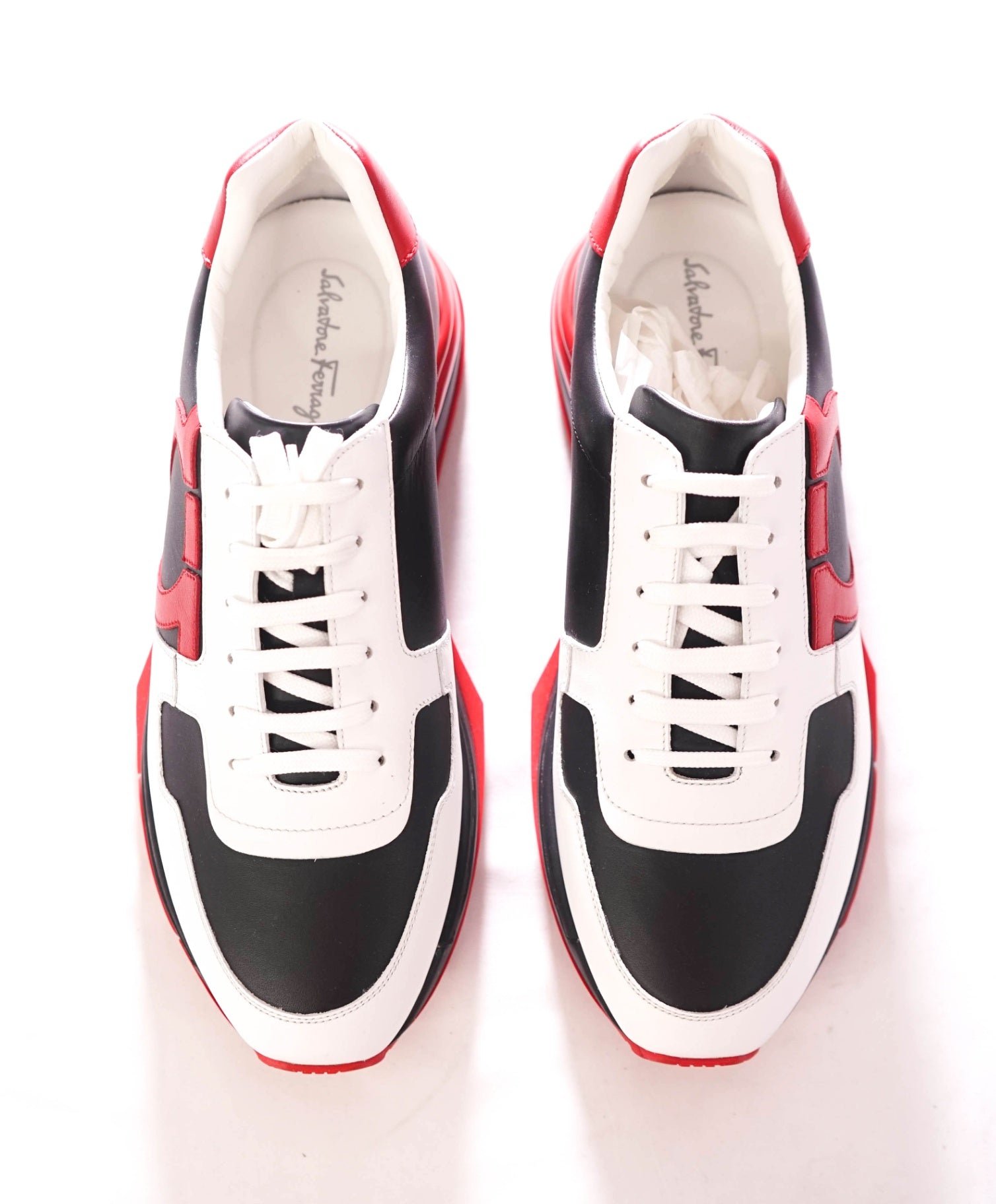 $950 FERRAGAMO - Leather Black/Red "Brooklyn" Sneakers - 9 M
