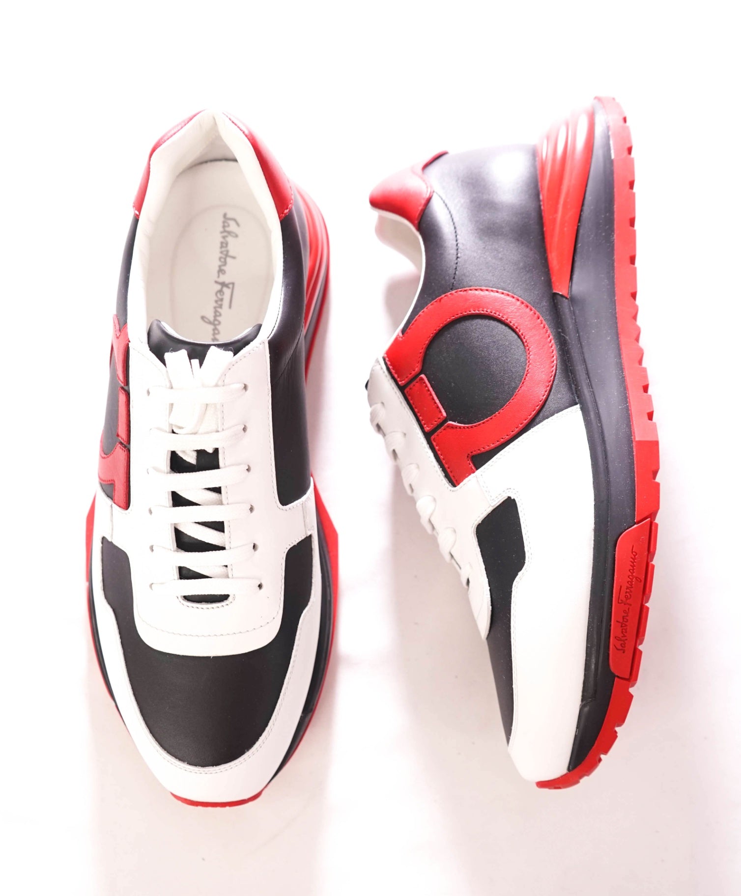 $950 FERRAGAMO - Leather Black/Red "Brooklyn" Sneakers - 9 M