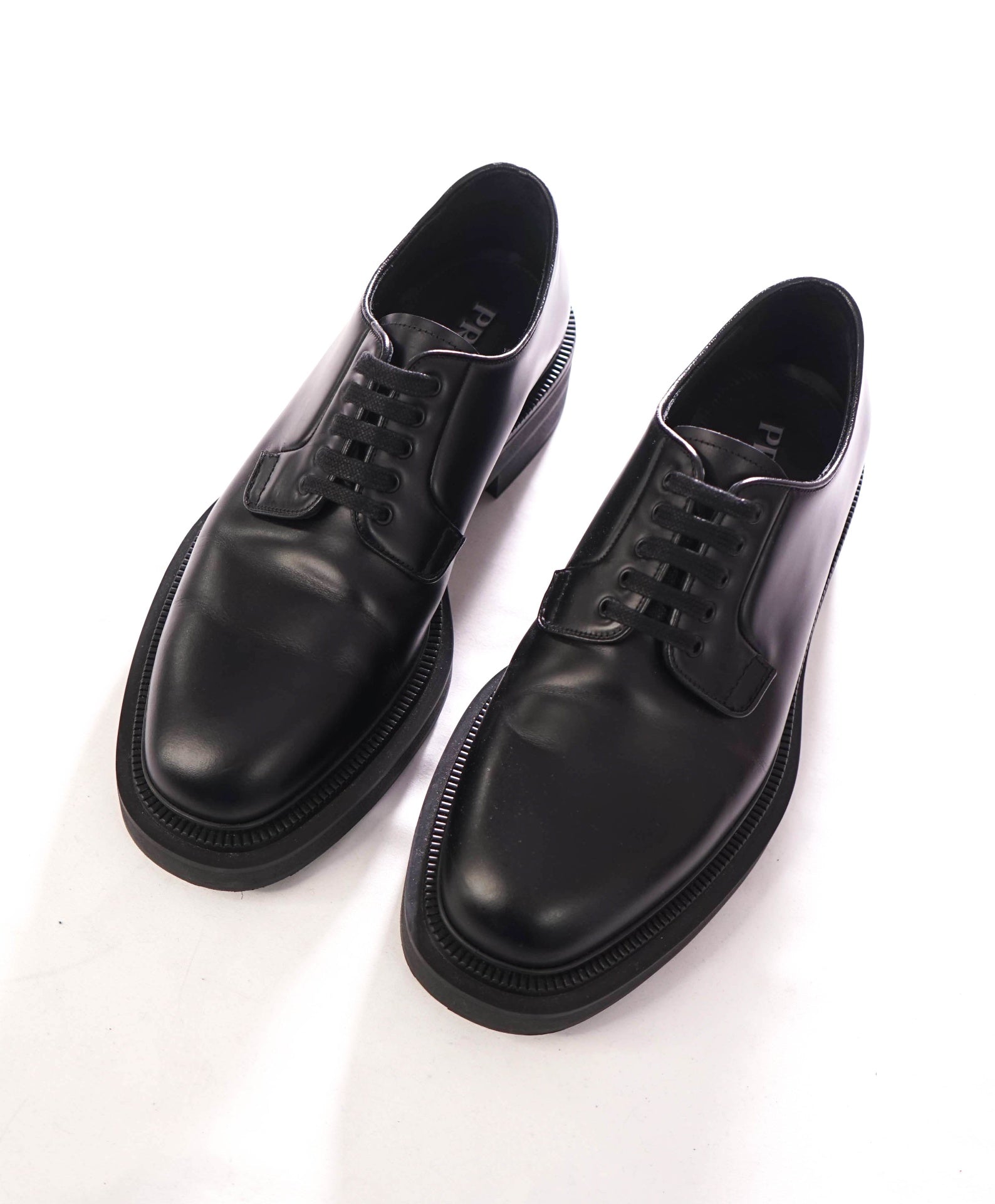 $950 Prada - Leather Black LUG SOLE Logo Derby - US 8.5 (7.5UK)