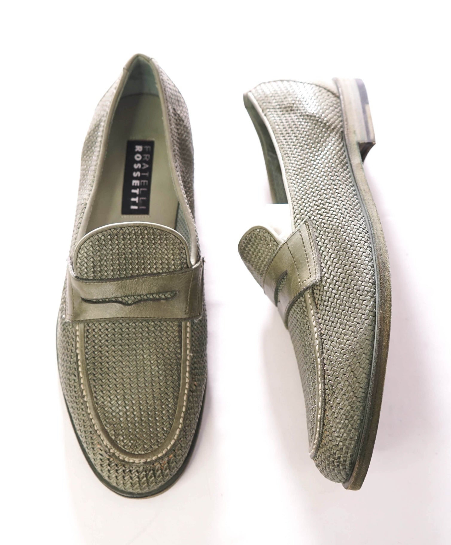 $995 FRATELLI ROSSETTI - Woven Leather Green Loafers - 8US (7UK)