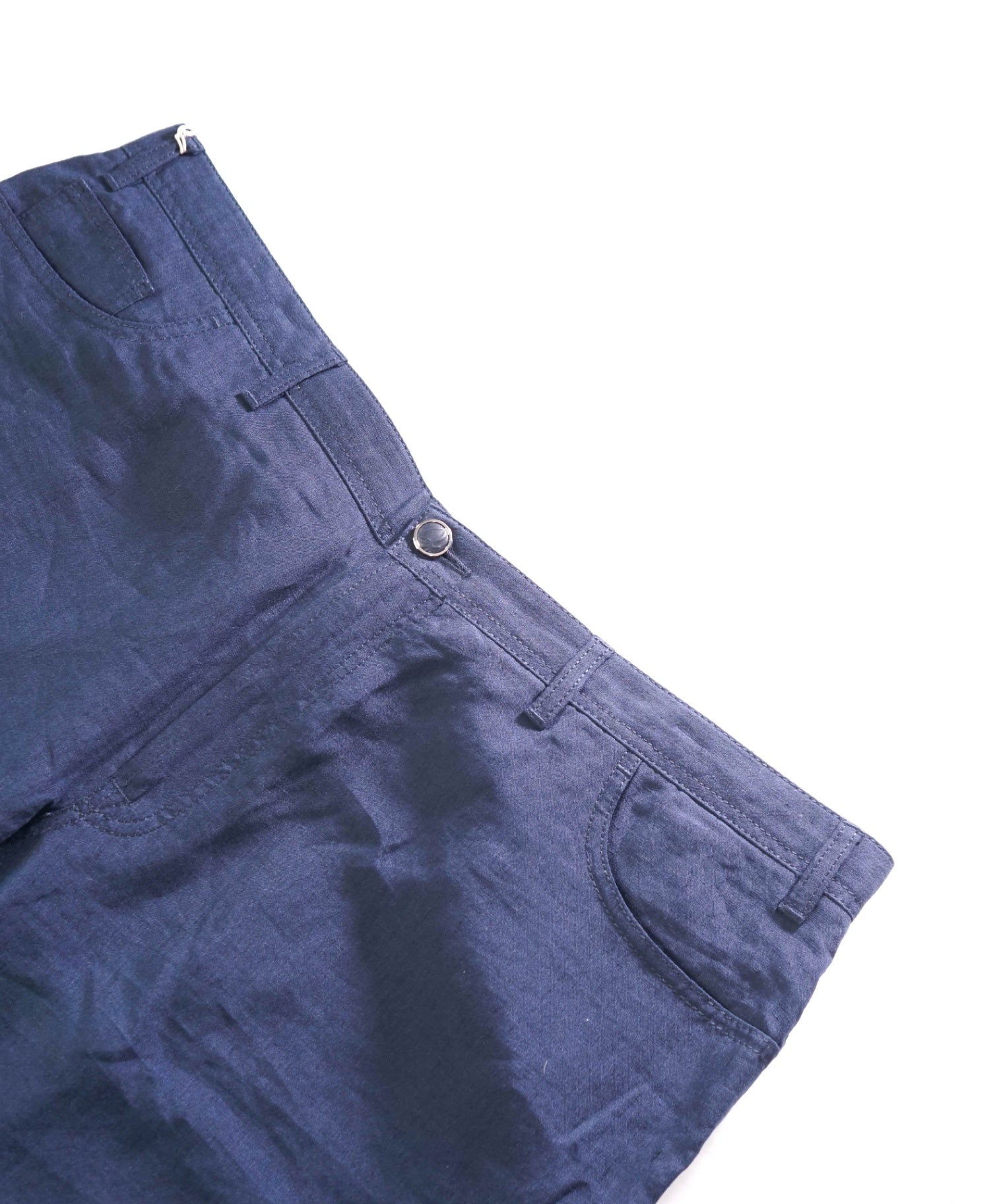 $1,195 BRIONI - Linen Navy Blue 5-Pocket Logo Patch Pants - 46W