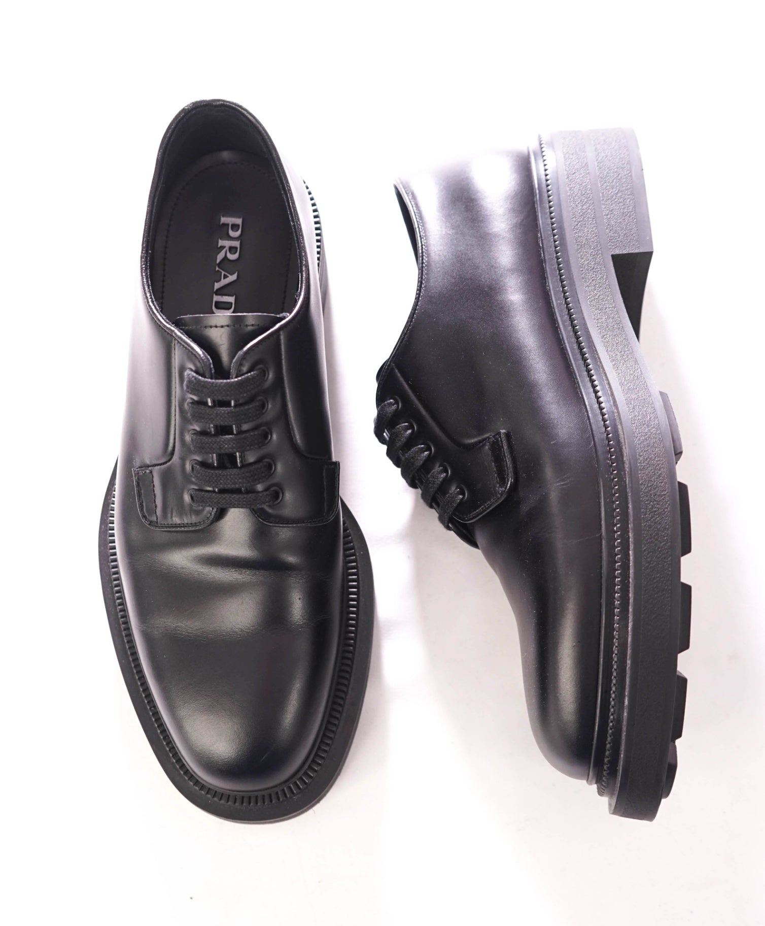 $950 Prada - Leather Black LUG SOLE Logo Derby - US 8.5 (7.5UK)