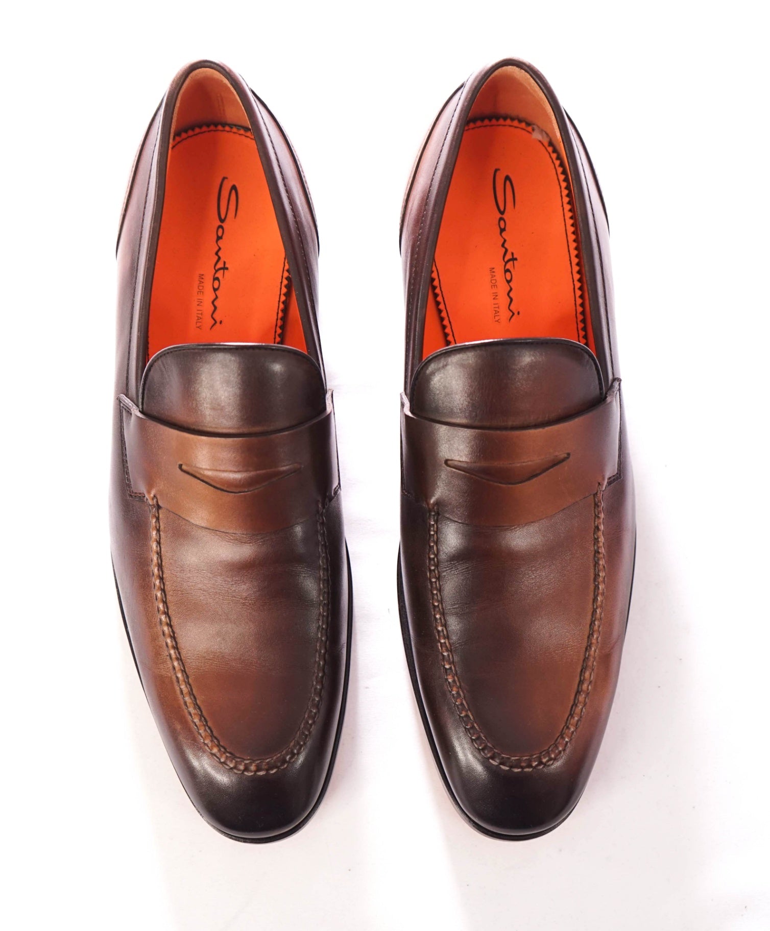 $995 SANTONI - Leather Brown Patina Penny Loafers - US 9.5 (8.5 UK)