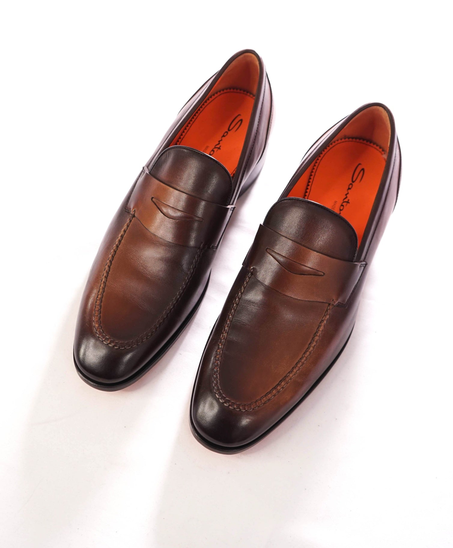 $995 SANTONI - Leather Brown Patina Penny Loafers - US 9.5 (8.5 UK)