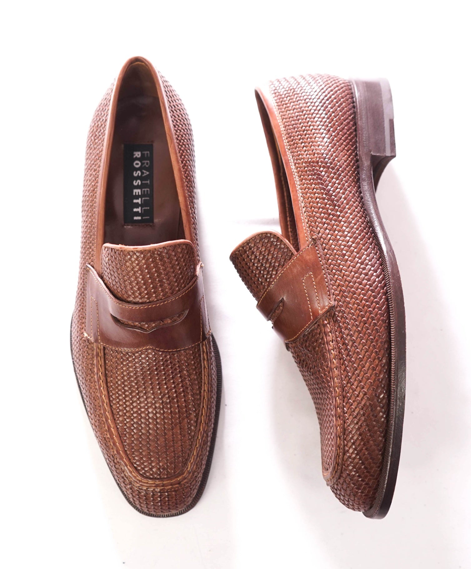 $995 FRATELLI ROSSETTI - Woven Leather Brown Loafers - 8 US( 7UK)