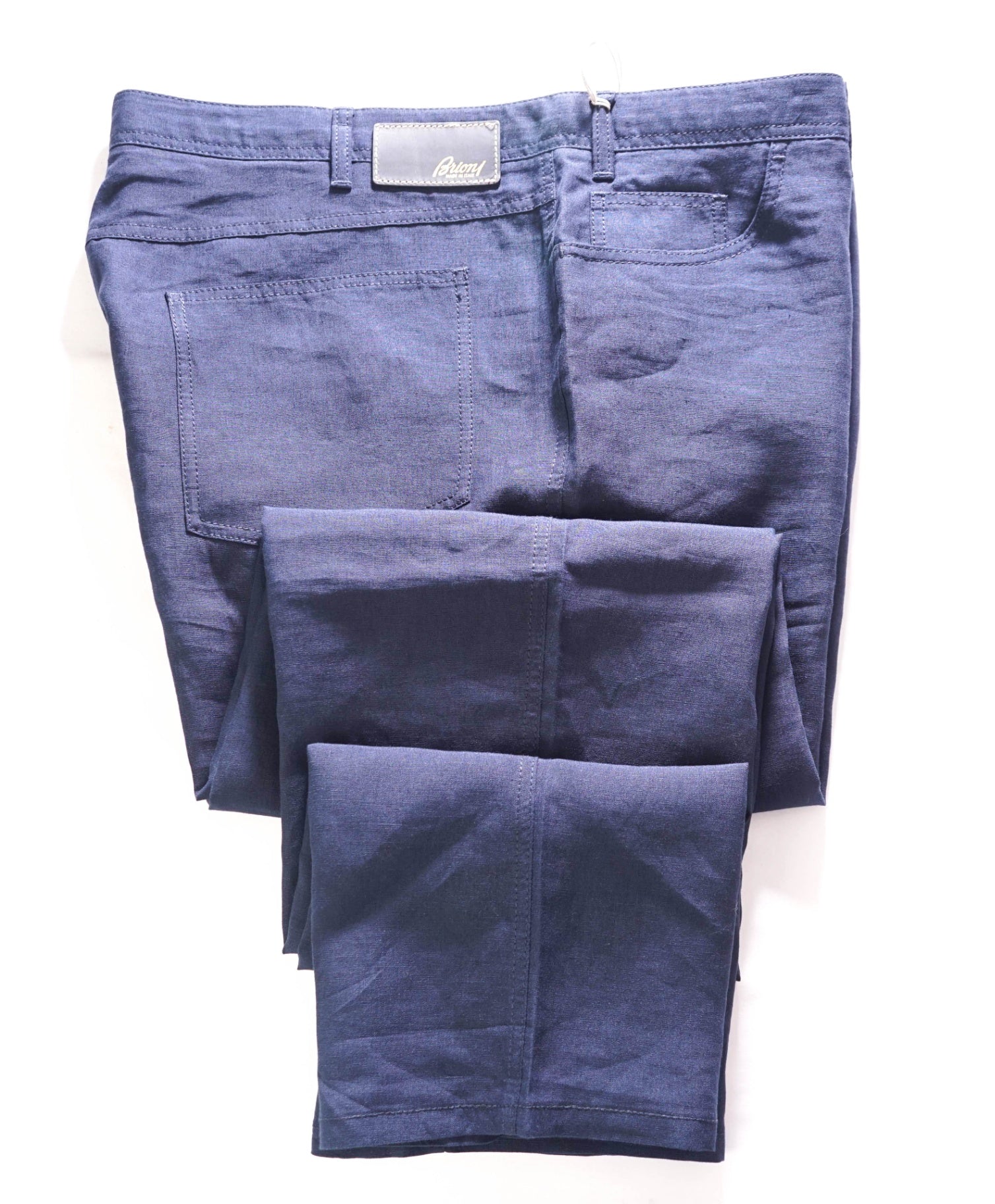 $1,195 BRIONI - Linen Navy Blue 5-Pocket Logo Patch Pants - 46W