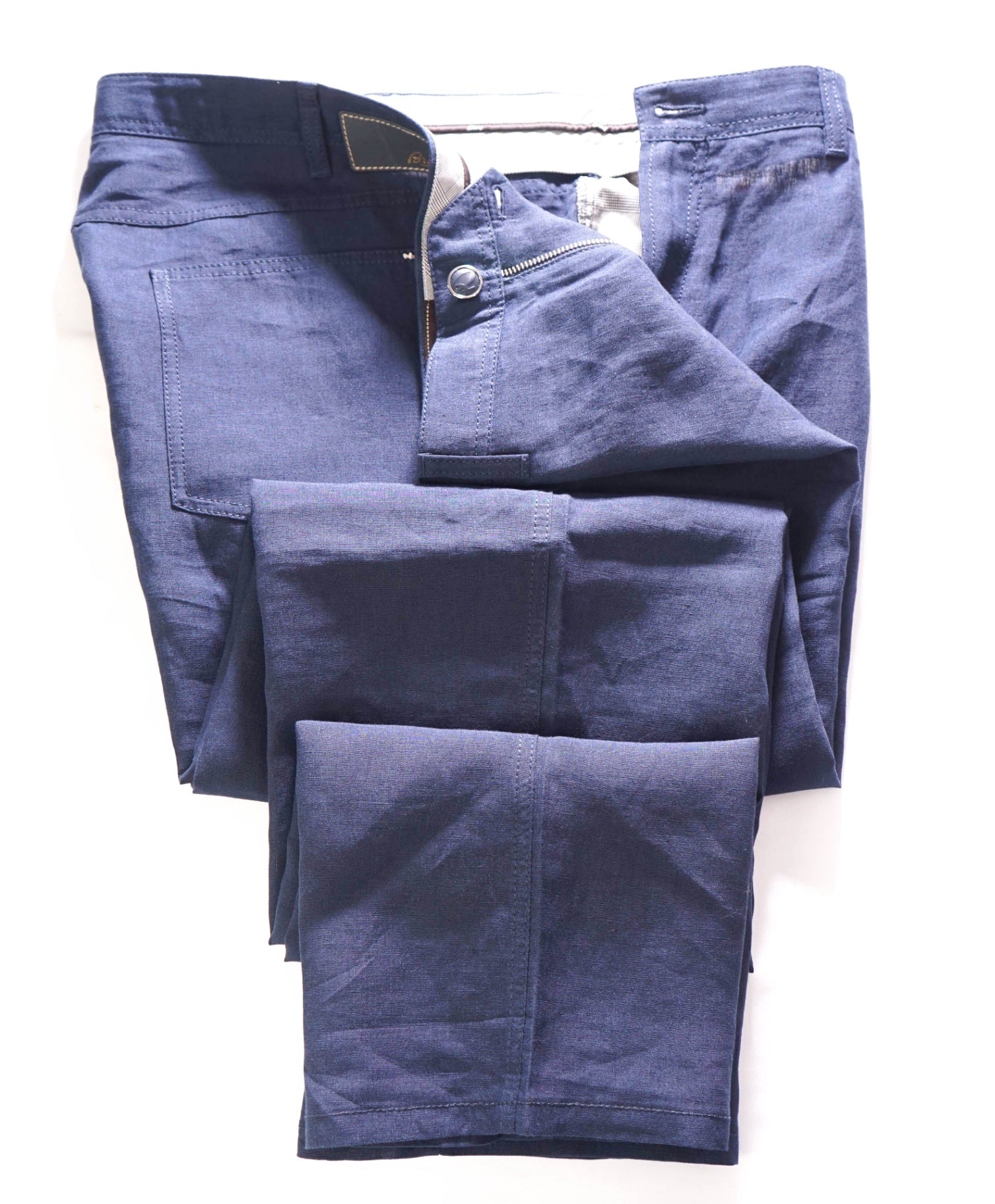 $1,195 BRIONI - Linen Navy Blue 5-Pocket Logo Patch Pants - 46W