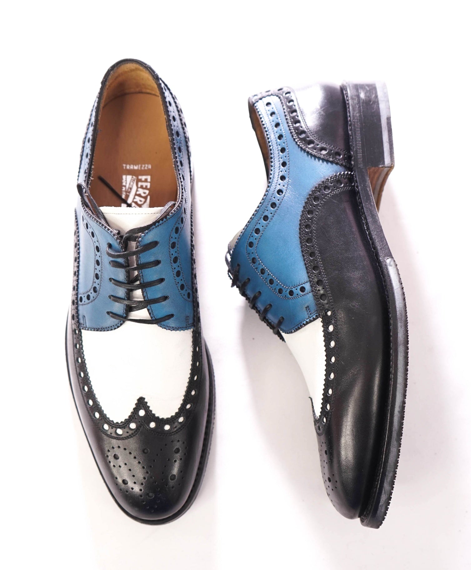 $1,595 FERRAGAMO - Leather TRAMEZZA Wingtip Derby - 9.5 D