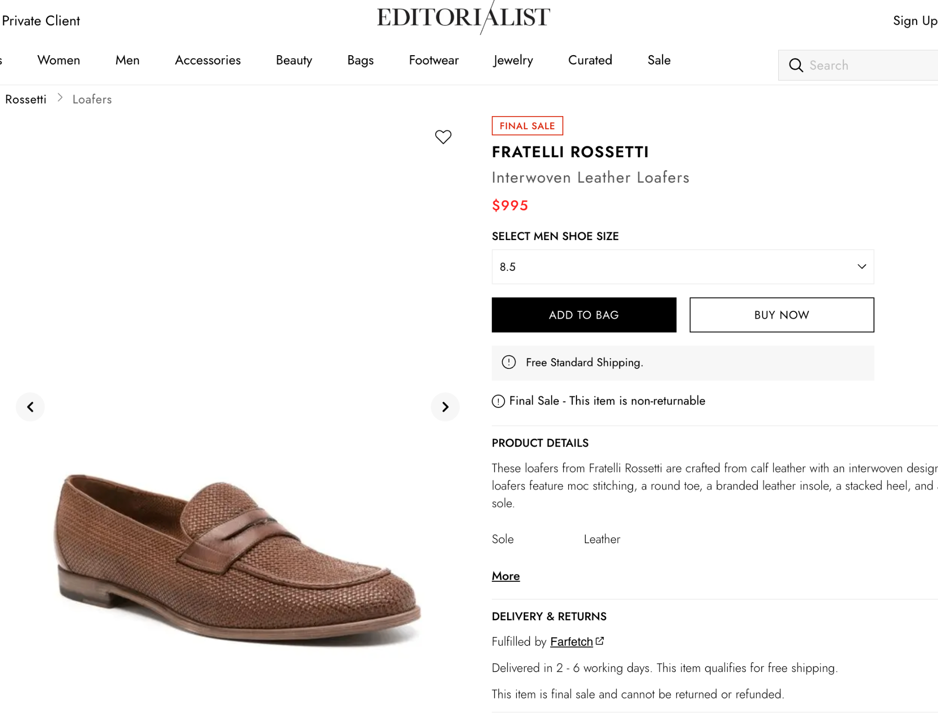 $995 FRATELLI ROSSETTI - Woven Leather Brown Loafers - 8 US( 7UK)