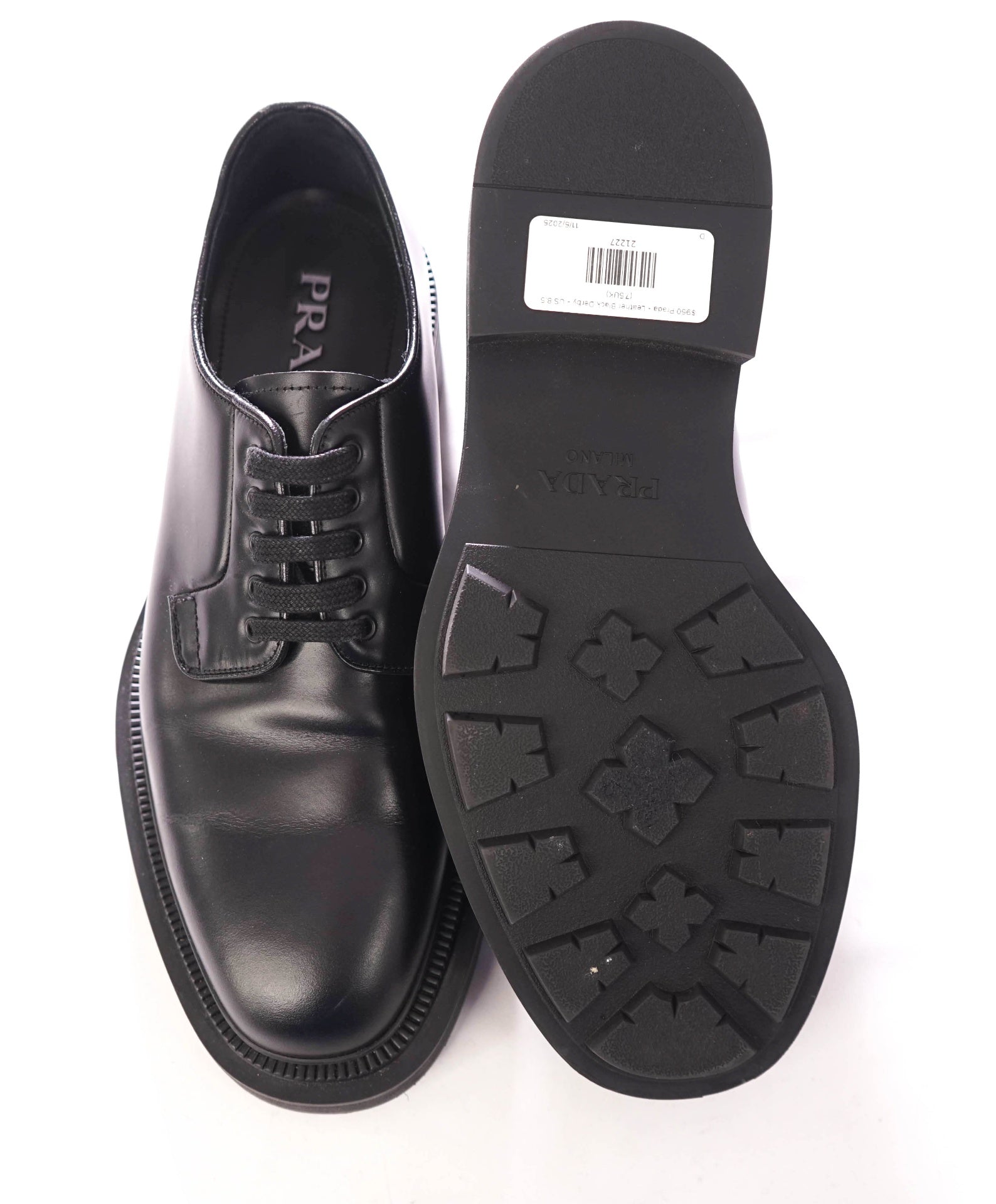 $950 Prada - Leather Black LUG SOLE Logo Derby - US 8.5 (7.5UK)