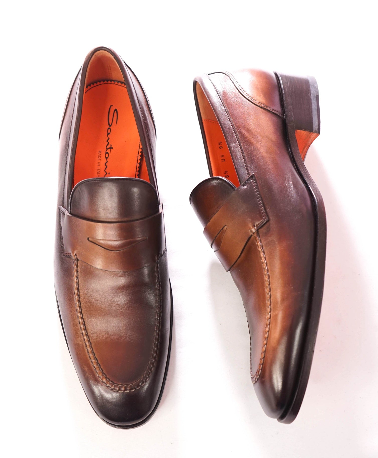 $995 SANTONI - Leather Brown Patina Penny Loafers - US 9.5 (8.5 UK)