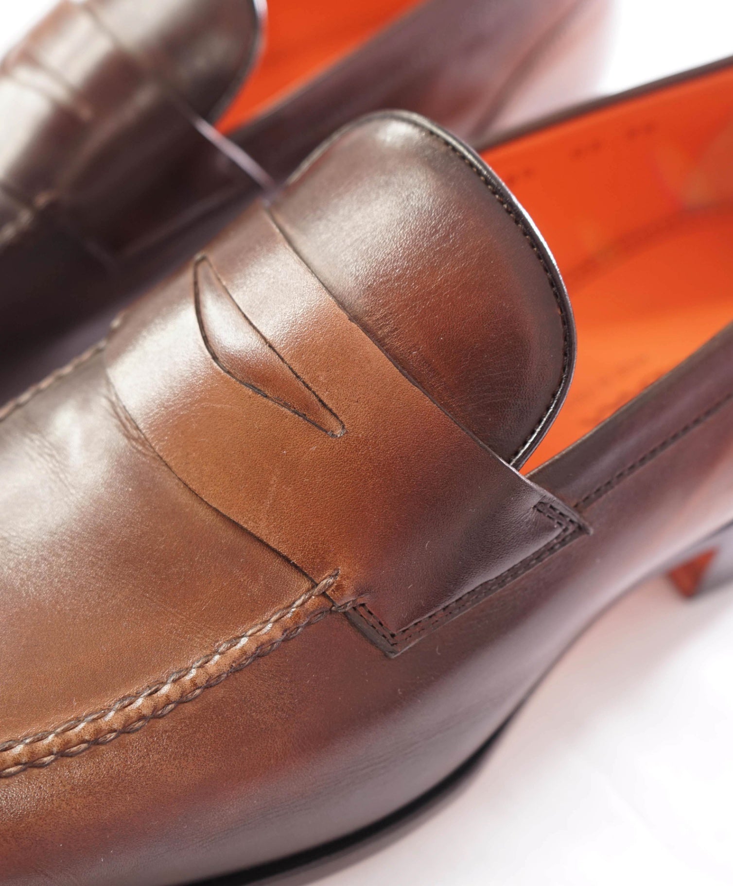$995 SANTONI - Leather Brown Patina Penny Loafers - US 9.5 (8.5 UK)