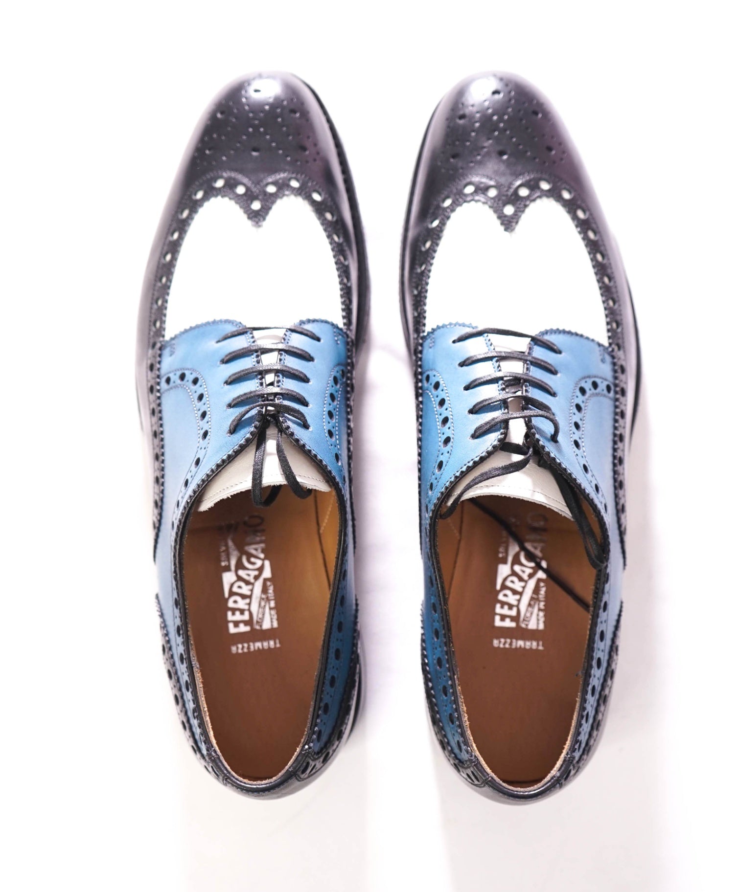 $1,595 FERRAGAMO - Leather TRAMEZZA Wingtip Derby - 9.5 D
